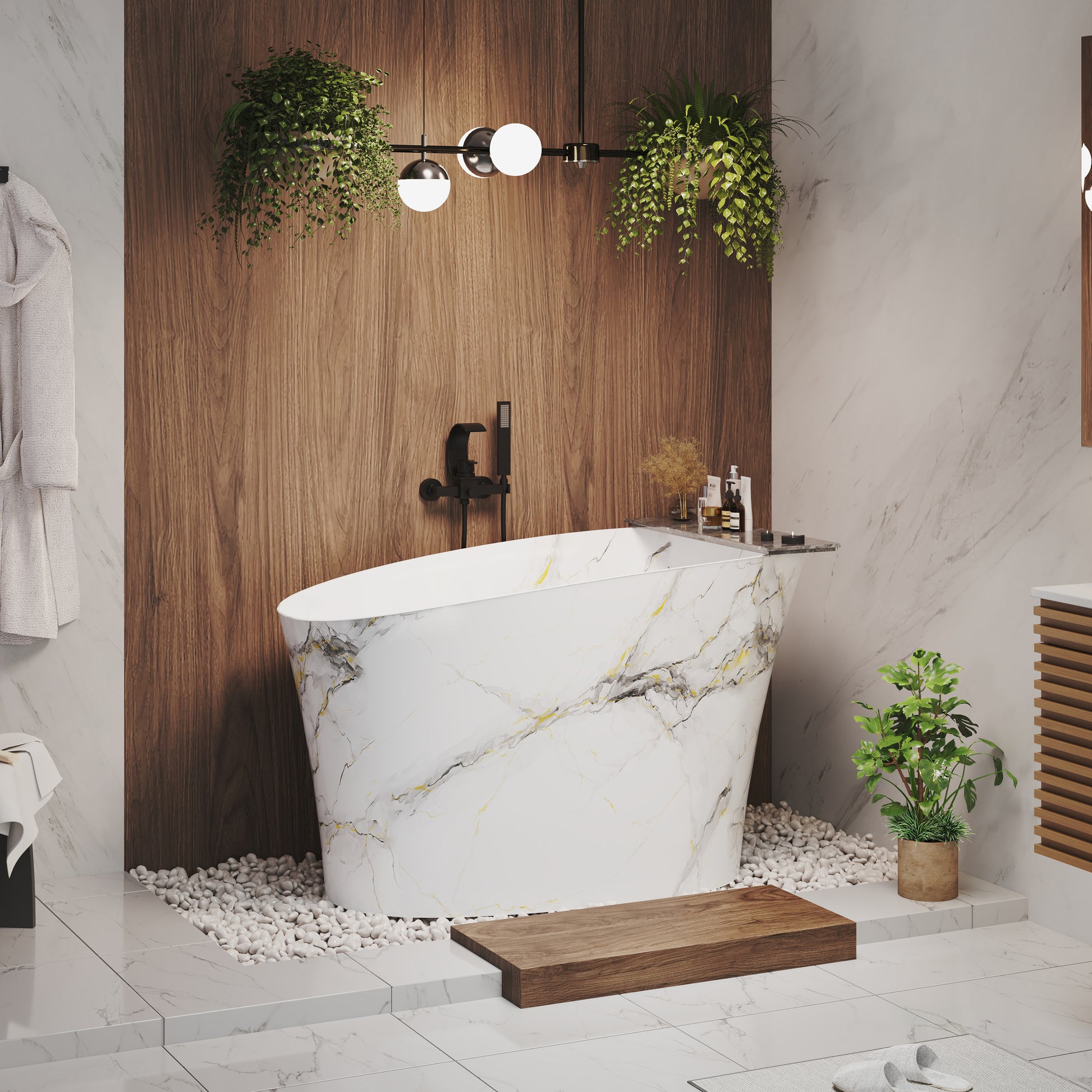 51" Freestanding Solid Surface Soaking Tub with Built-In Seat in Wood Grain & Marble Finish