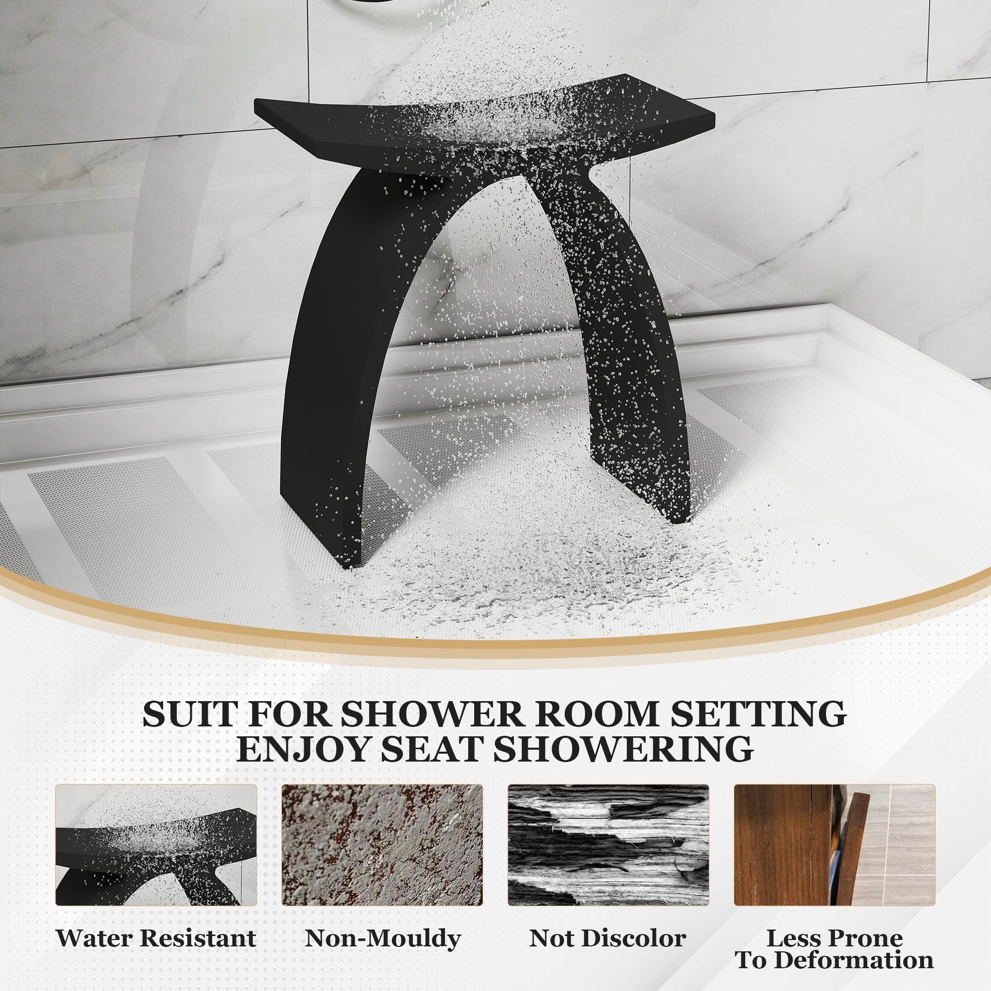 Modern Arched Solid Surface Bathroom Shower Bench in Matte White/Matte Black