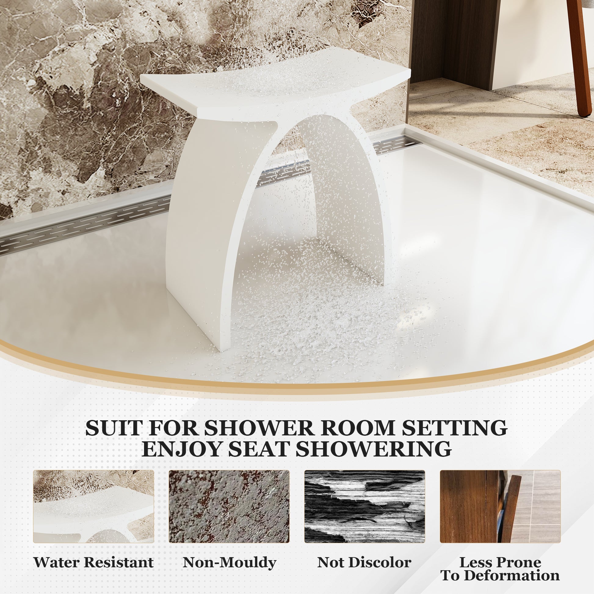 Modern Arched Solid Surface Bathroom Shower Bench in Matte White/Matte Black