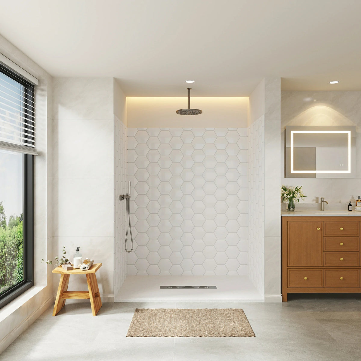 60" White Glossy Hexagon Shower Wall, Artificial Stone Shower Panel