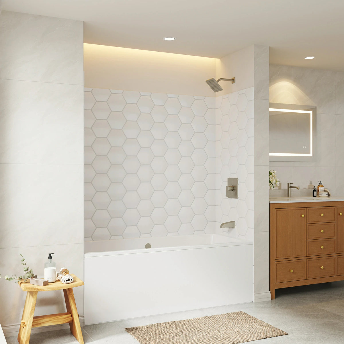 60" White Glossy Hexagon Shower Wall, Artificial Stone Shower Panel