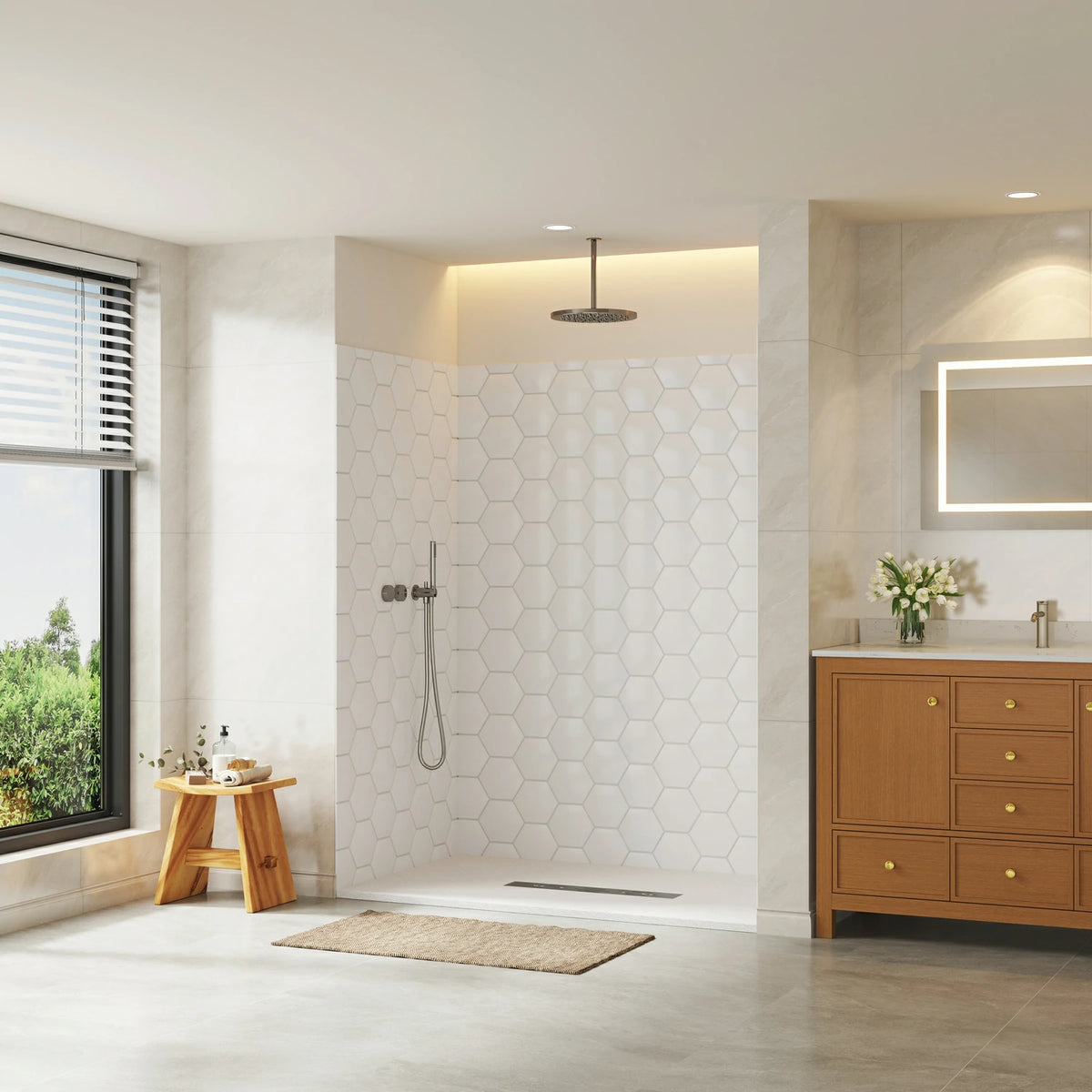 60" White Glossy Hexagon Shower Wall, Artificial Stone Shower Panel