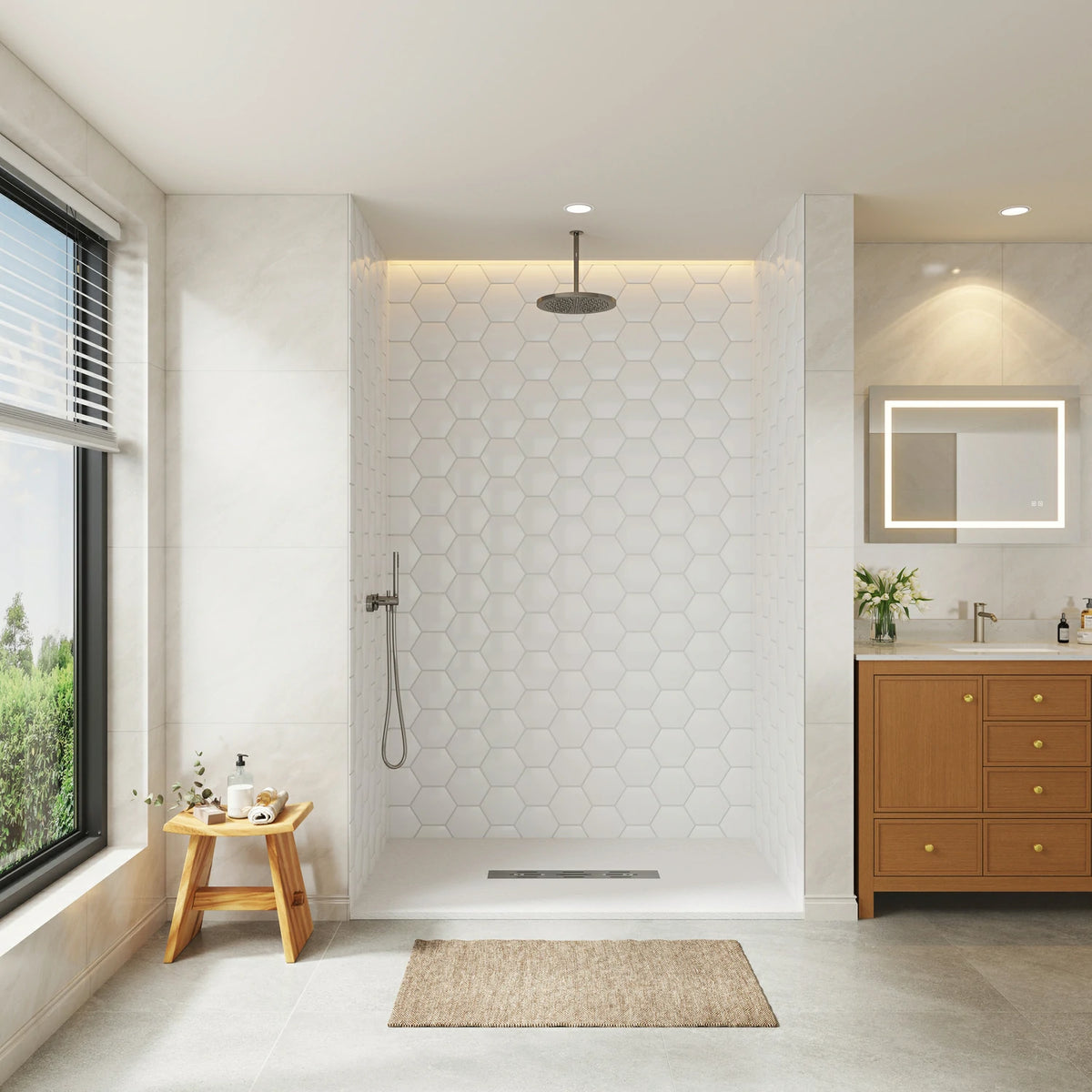 60" White Glossy Hexagon Shower Wall, Artificial Stone Shower Panel
