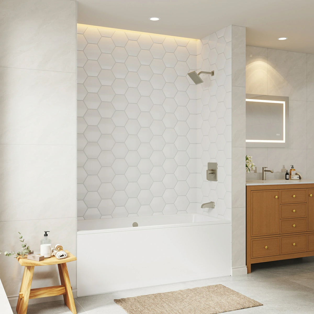 60" White Glossy Hexagon Shower Wall, Artificial Stone Shower Panel