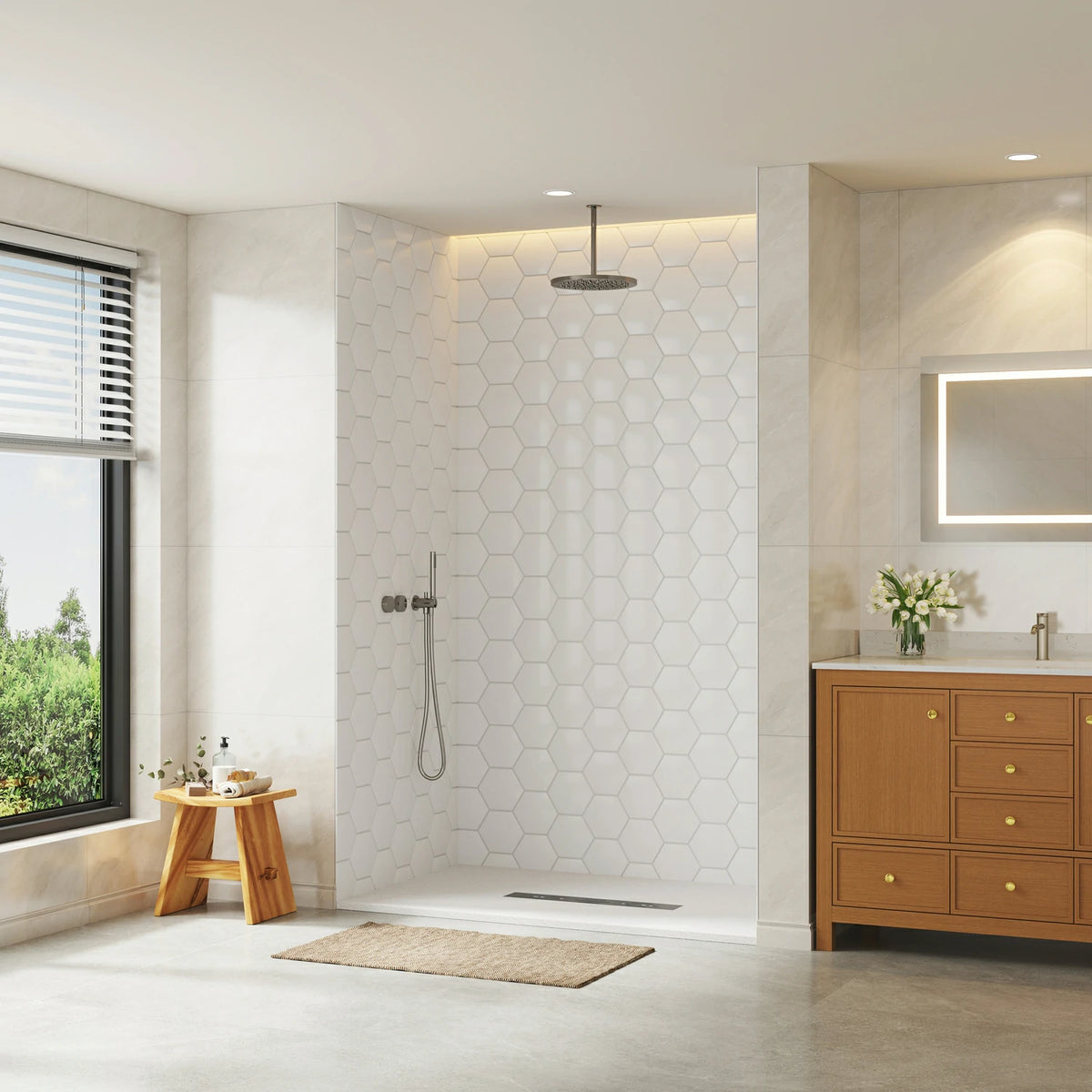 60" White Glossy Hexagon Shower Wall, Artificial Stone Shower Panel