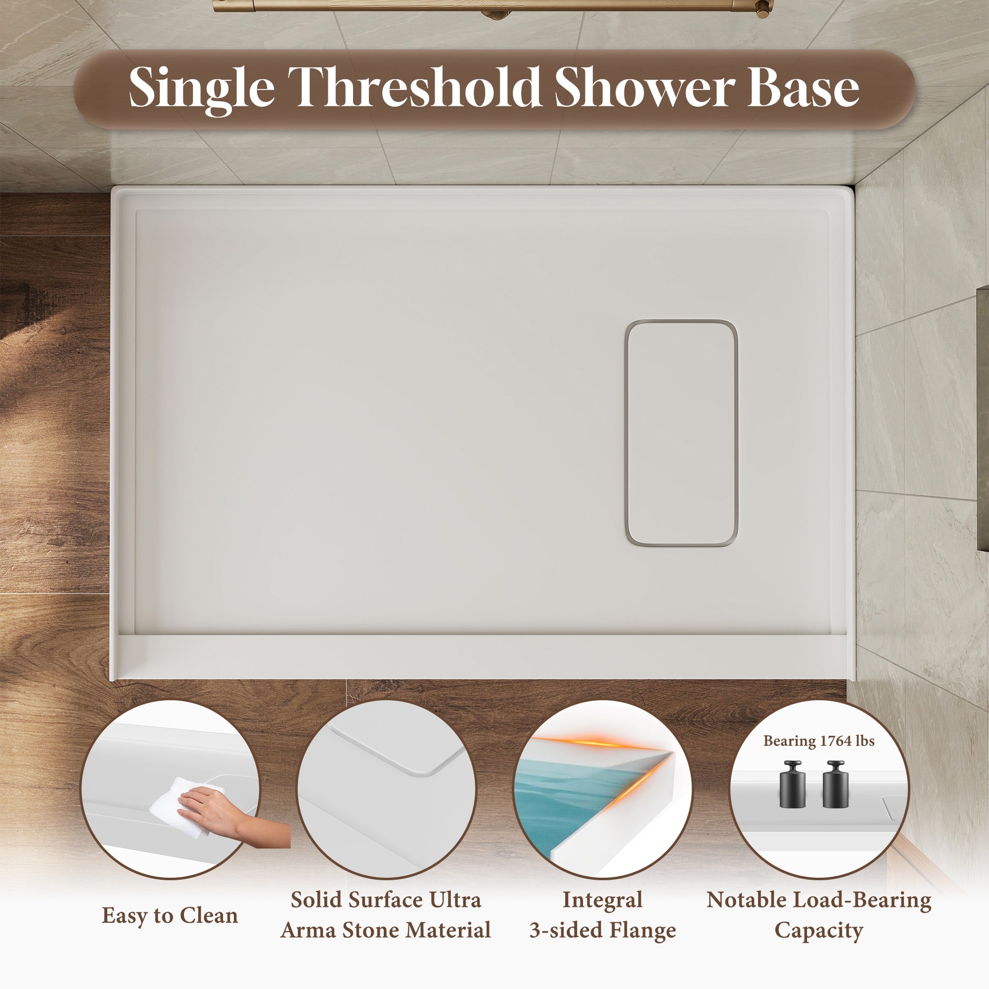 48"x32" Ultra Arma Stone Solid Surface Shower Base with Right Drain