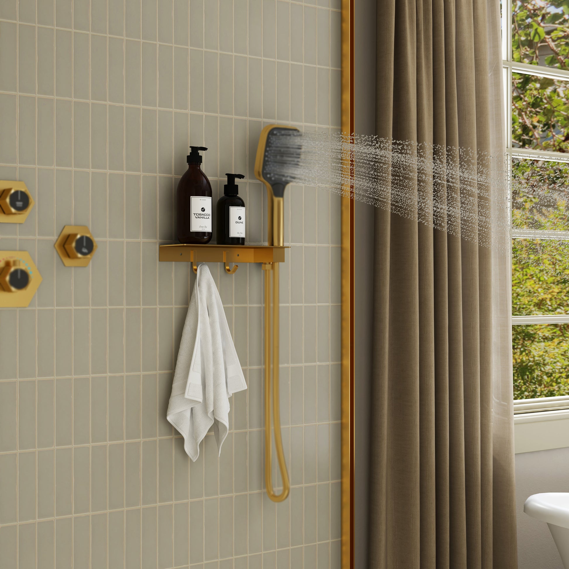 2-in-1 Handheld Shower Holder with Storage Shelf & Hooks