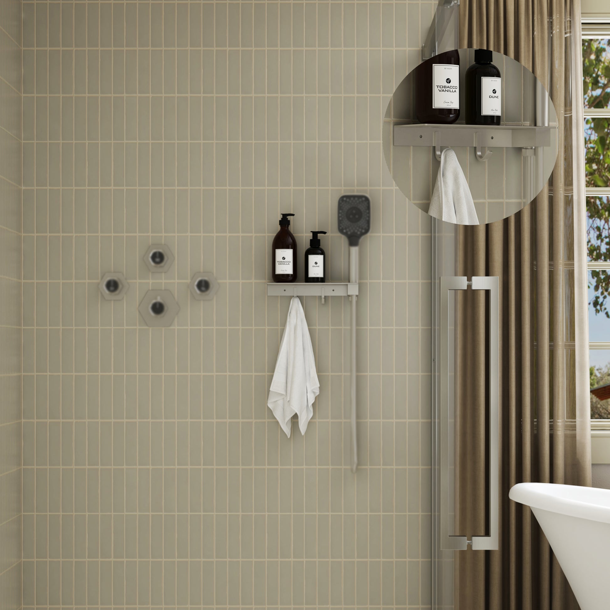 2-in-1 Handheld Shower Holder with Storage Shelf & Hooks
