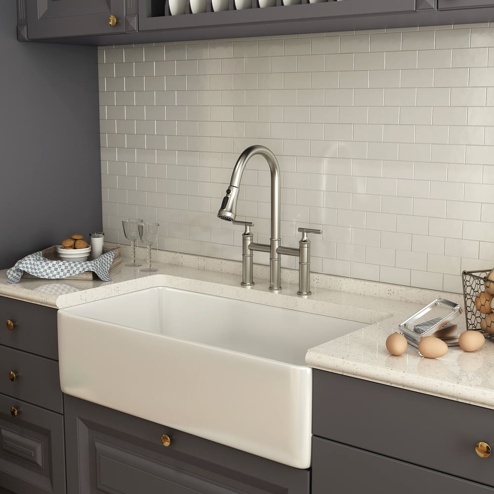 Bridge Style Pull-Down Kitchen Faucet with Double Handles & 3-Mode Spray