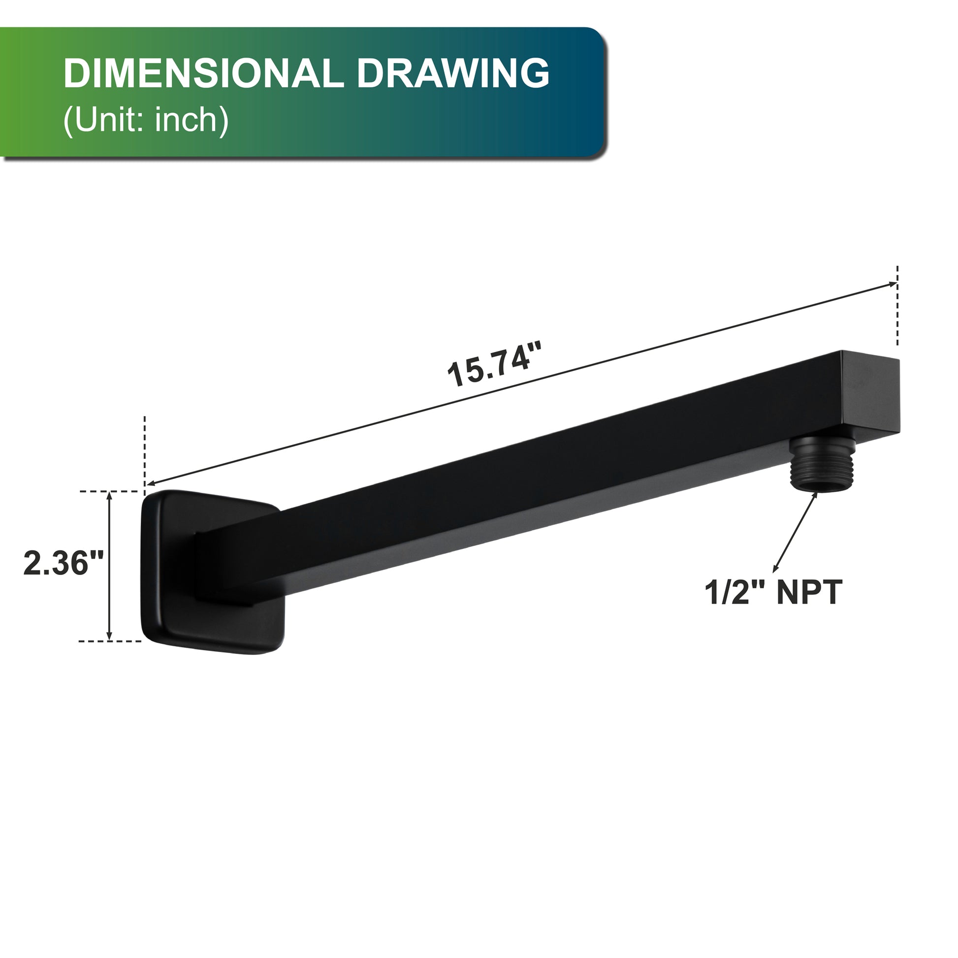 15.75-Inch Wall Mounted Square Shower Arm with Flange in Matte Black
