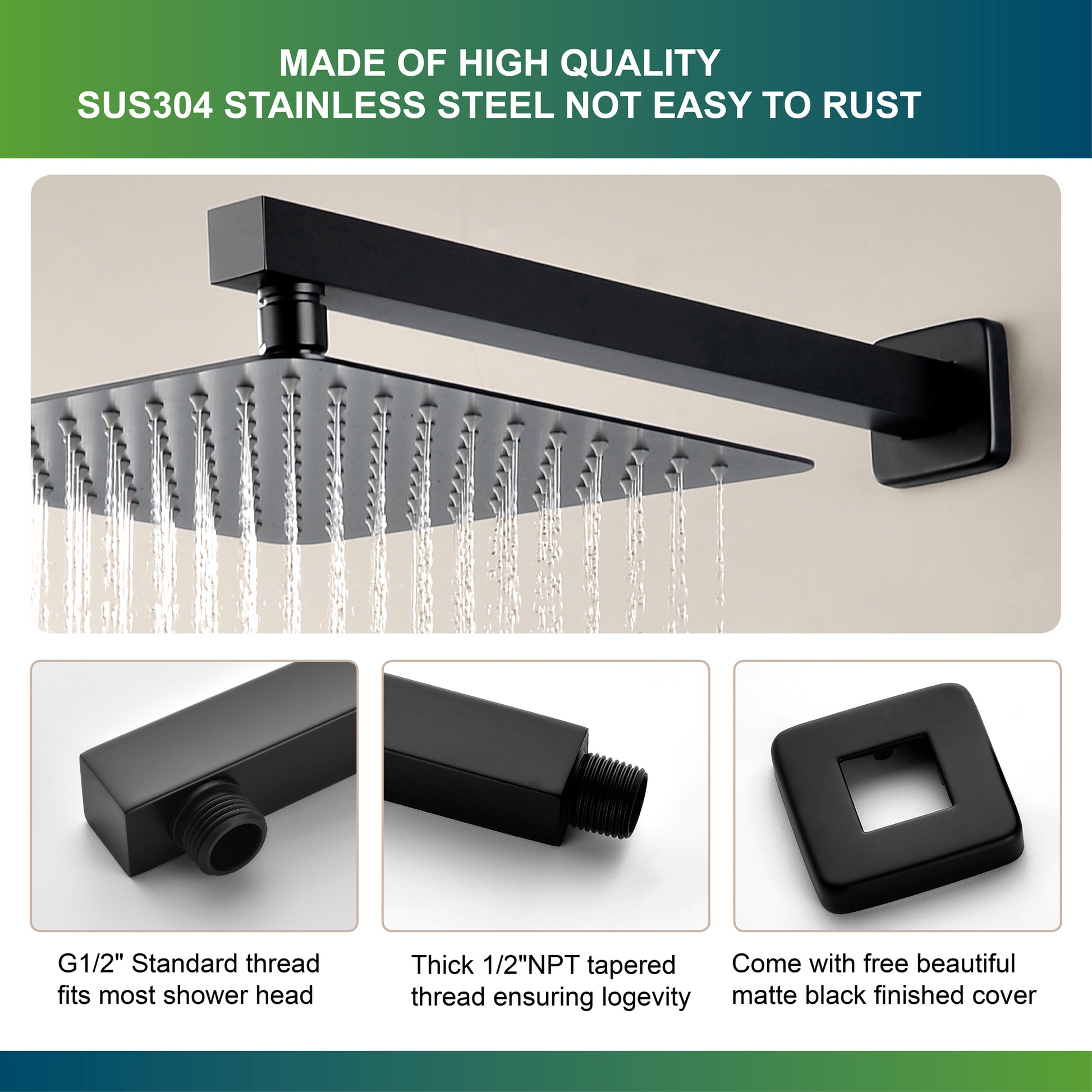 15.75-Inch Wall Mounted Square Shower Arm with Flange in Matte Black