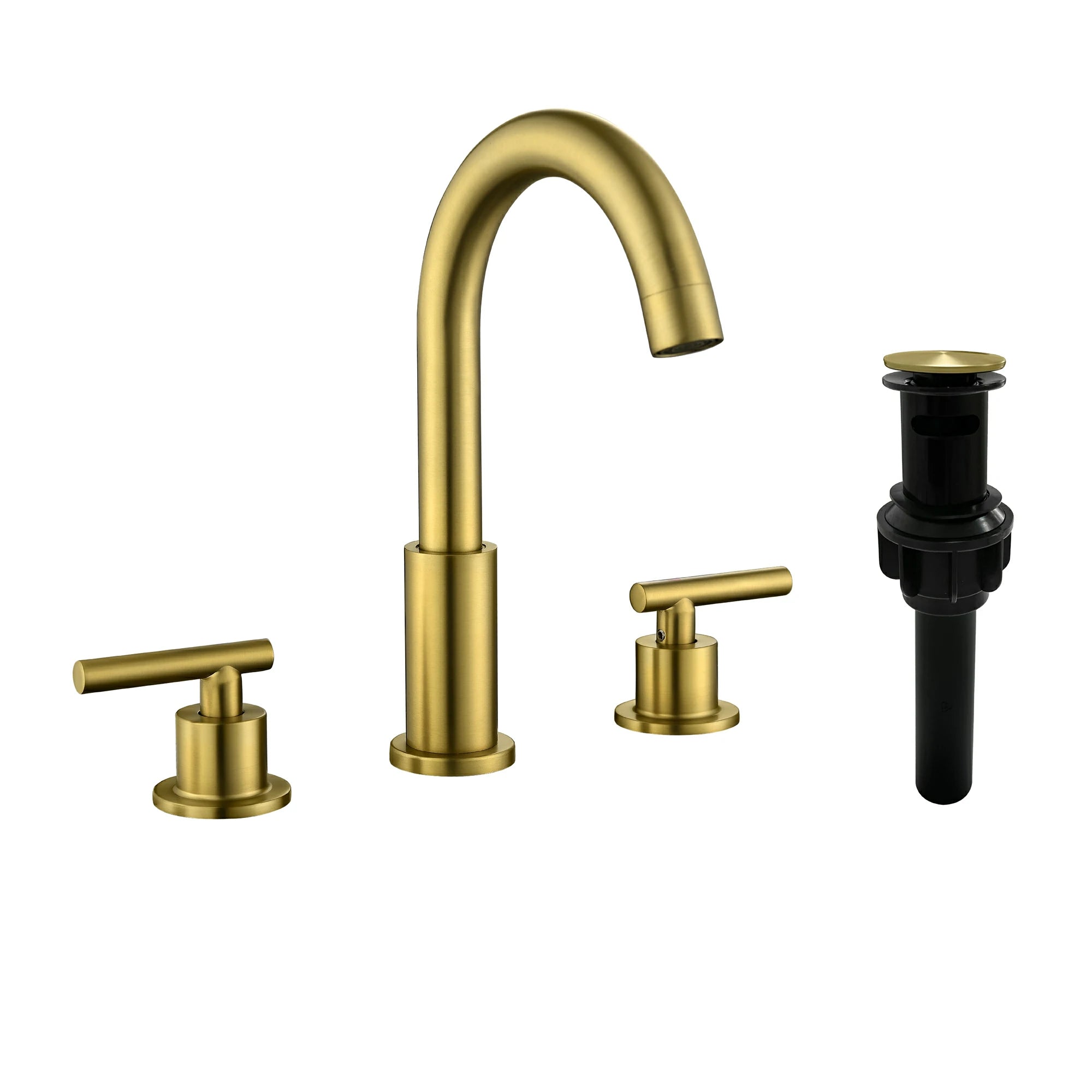 Brushed Gold 3 Hole Bathroom Faucet with Two Handles, Quick Connect Hose and Pop-Up Drain