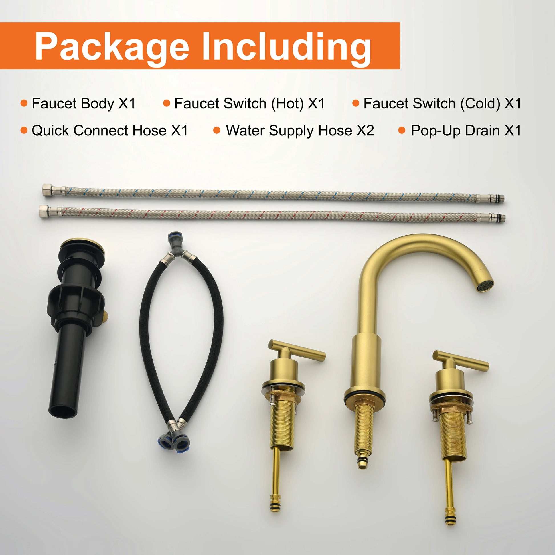 Brushed Gold 3 Hole Bathroom Faucet with Two Handles, Quick Connect Hose and Pop-Up Drain