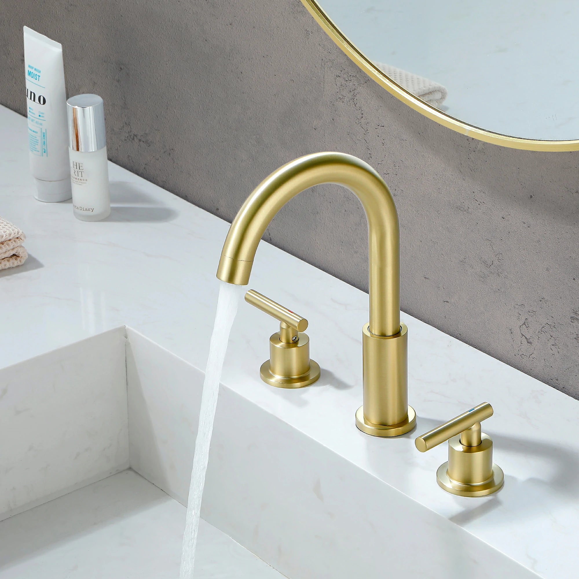 Brushed Gold 3 Hole Bathroom Faucet with Two Handles, Quick Connect Hose and Pop-Up Drain