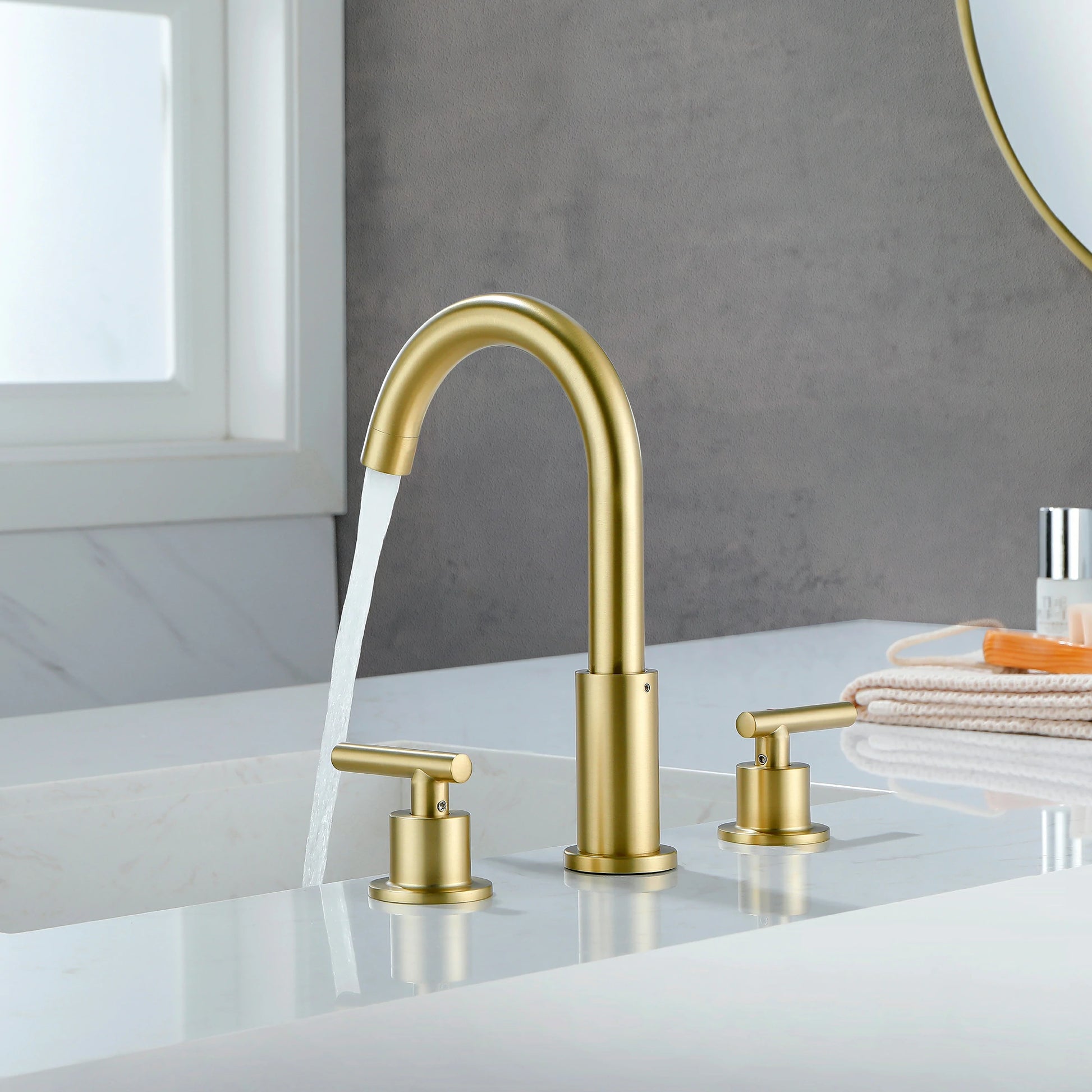 Brushed Gold 3 Hole Bathroom Faucet with Two Handles, Quick Connect Hose and Pop-Up Drain