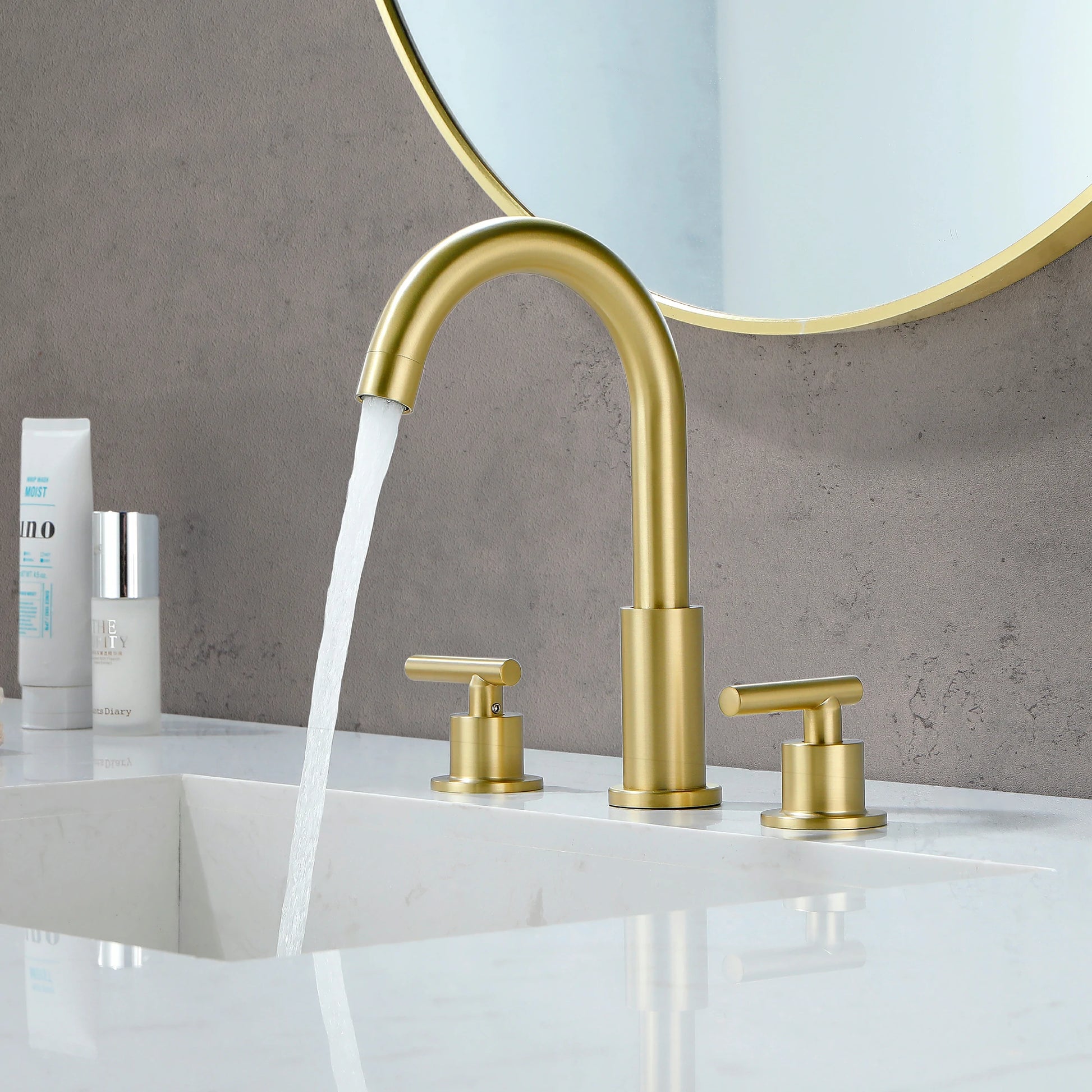 Brushed Gold 3 Hole Bathroom Faucet with Two Handles, Quick Connect Hose and Pop-Up Drain