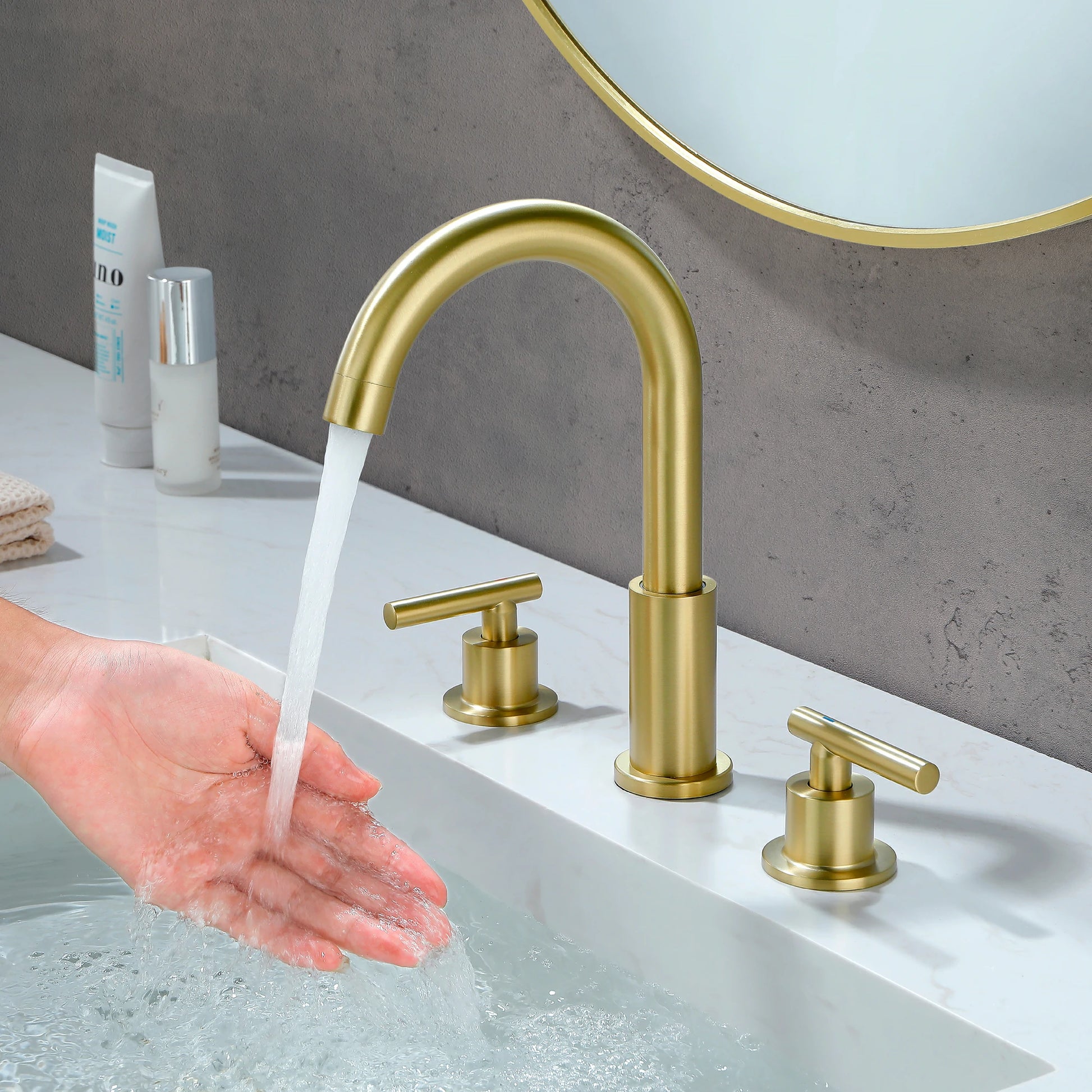 Brushed Gold 3 Hole Bathroom Faucet with Two Handles, Quick Connect Hose and Pop-Up Drain