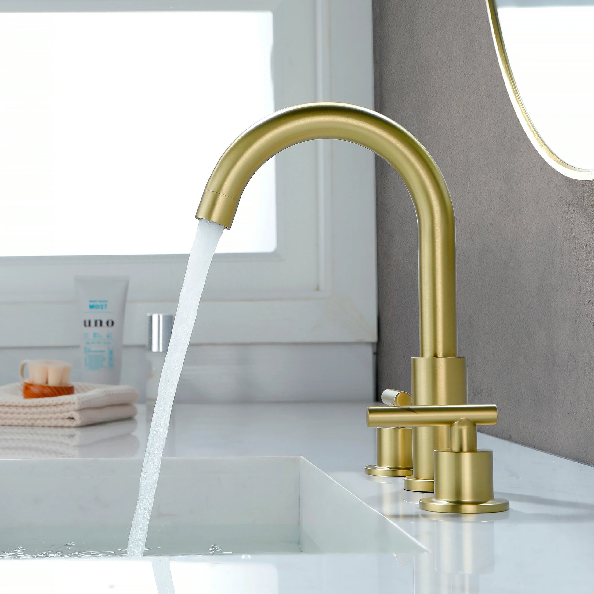 Brushed Gold 3 Hole Bathroom Faucet with Two Handles, Quick Connect Hose and Pop-Up Drain