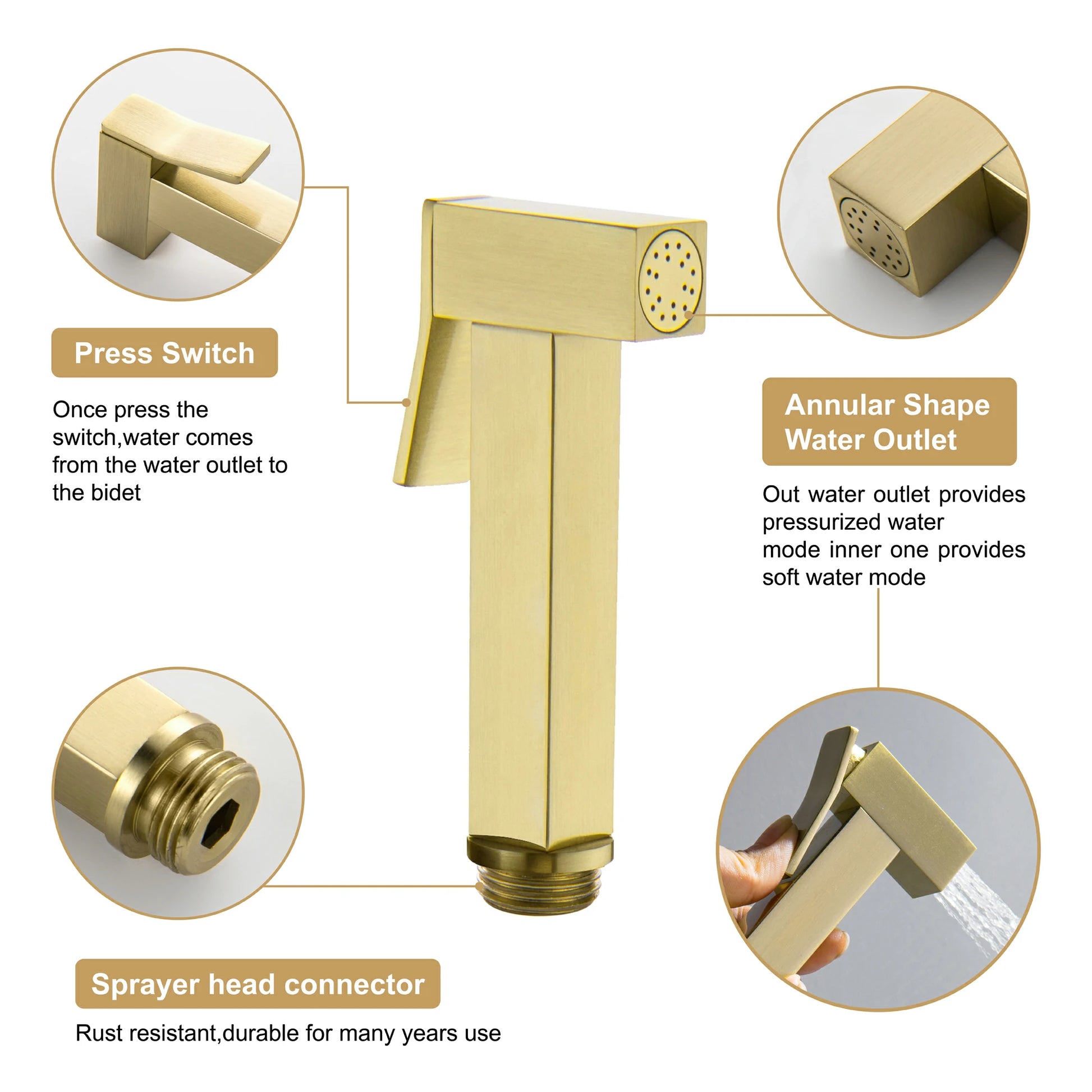 Brushed Gold Handheld Bidet Sprayer with Solid Brass Rough-In Valve and Adjustable Water Pressure