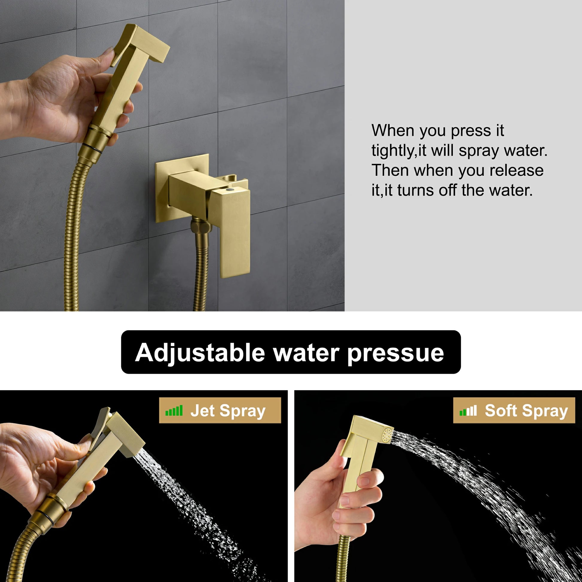 Brushed Gold Handheld Bidet Sprayer with Solid Brass Rough-In Valve and Adjustable Water Pressure