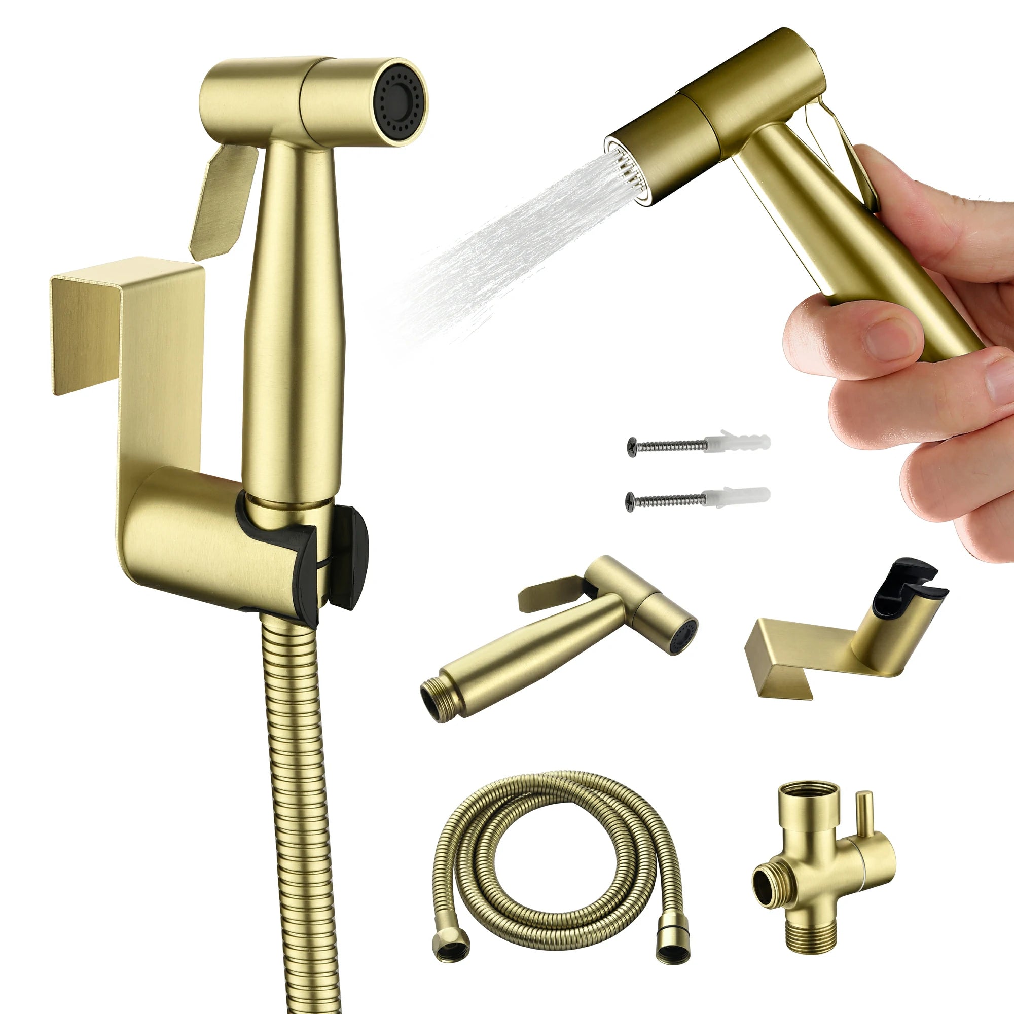 Brushed Gold Handheld Bidet Sprayer with Solid Brass T-Valve and Dual Spray Modes