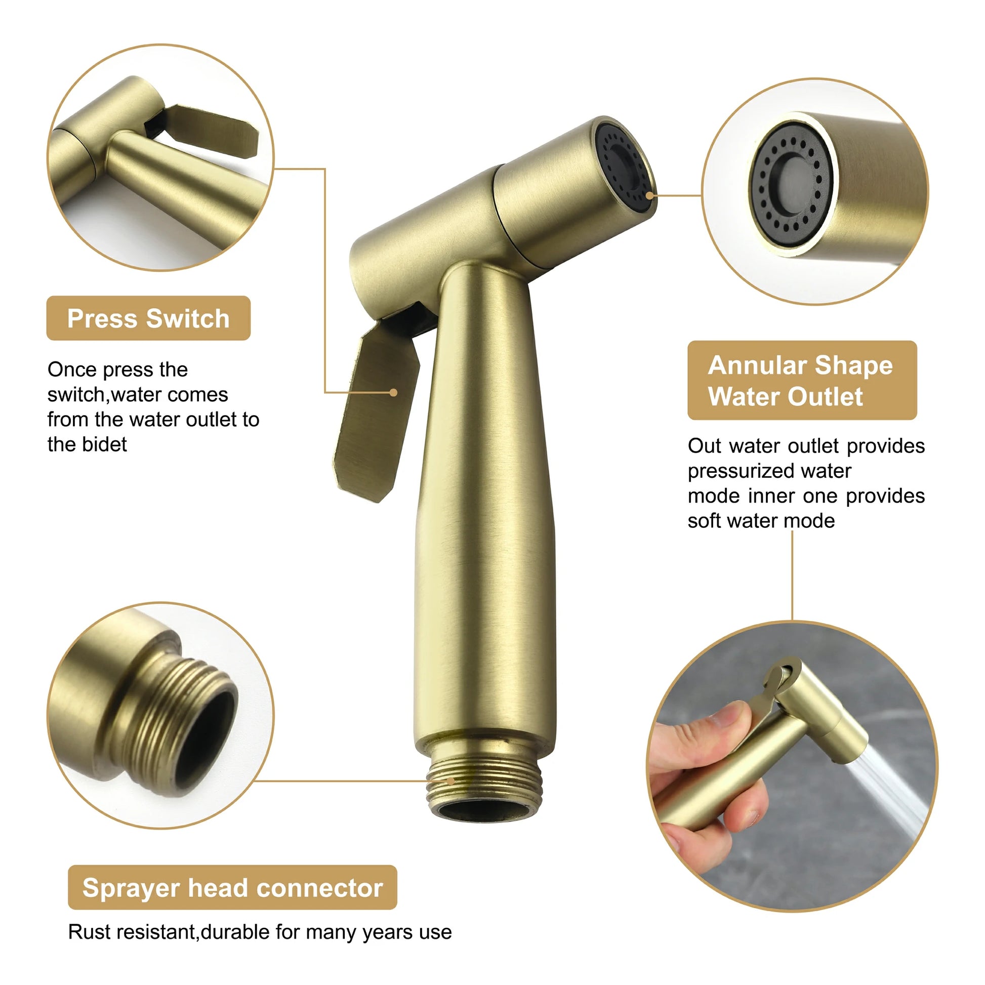 Brushed Gold Handheld Bidet Sprayer with Solid Brass T-Valve and Dual Spray Modes