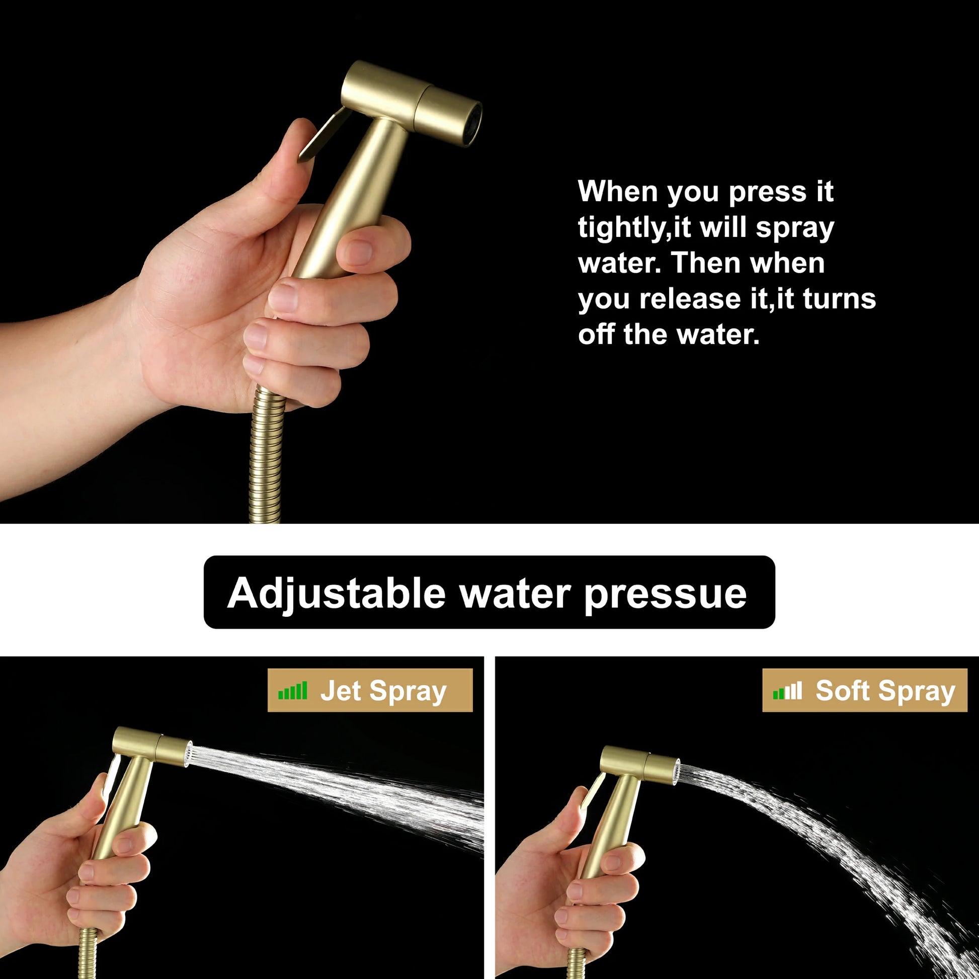 Brushed Gold Handheld Bidet Sprayer with Solid Brass T-Valve and Dual Spray Modes