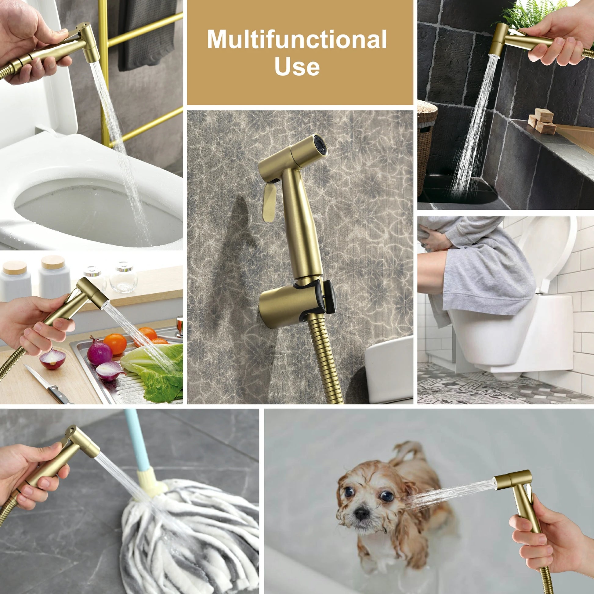 Brushed Gold Handheld Bidet Sprayer with Solid Brass T-Valve and Dual Spray Modes