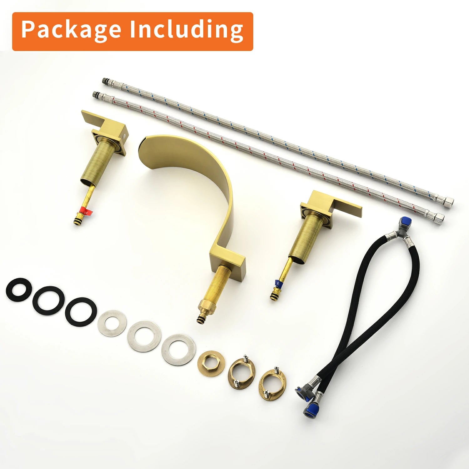 Brushed Gold Widespread Bathroom Faucet with Waterfall Spout, Two Handles and cUPC Quick Connector Hose