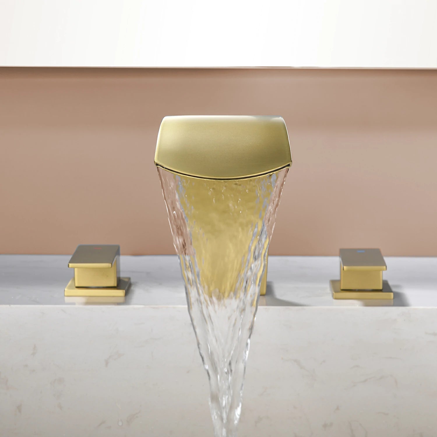 Brushed Gold Widespread Bathroom Faucet with Waterfall Spout, Two Handles and cUPC Quick Connector Hose
