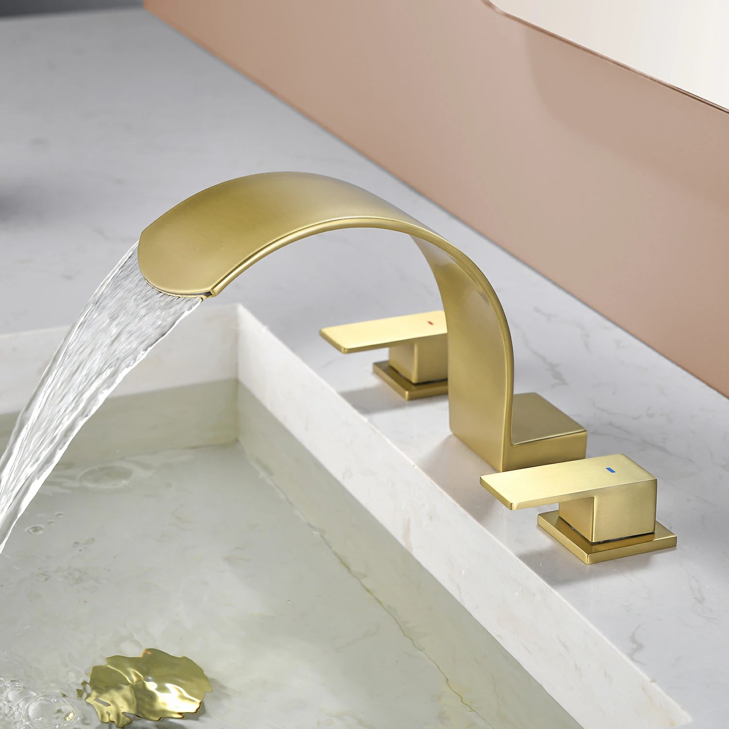 Brushed Gold Widespread Bathroom Faucet with Waterfall Spout, Two Handles and cUPC Quick Connector Hose