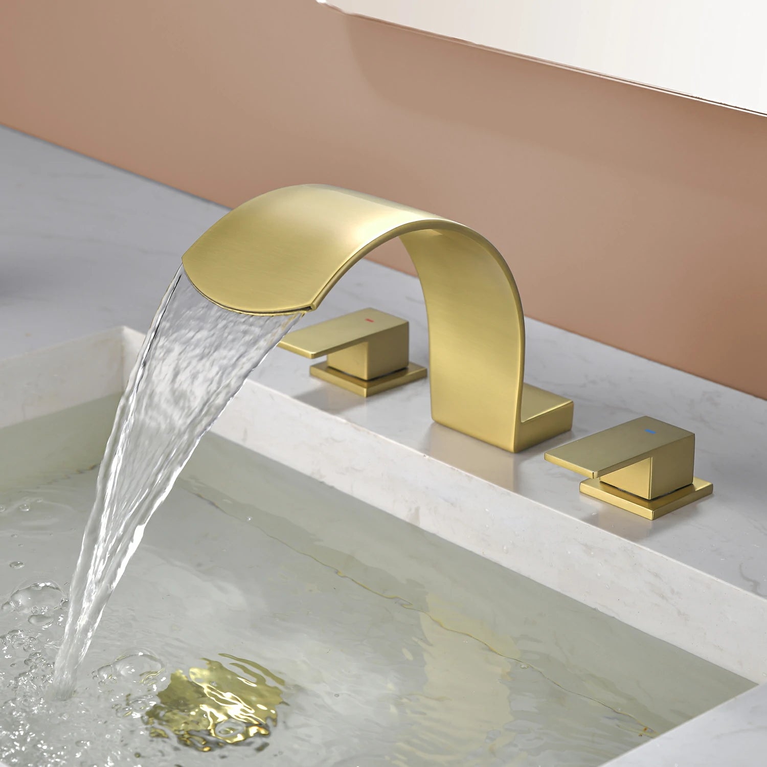 Brushed Gold Widespread Bathroom Faucet with Waterfall Spout, Two Handles and cUPC Quick Connector Hose