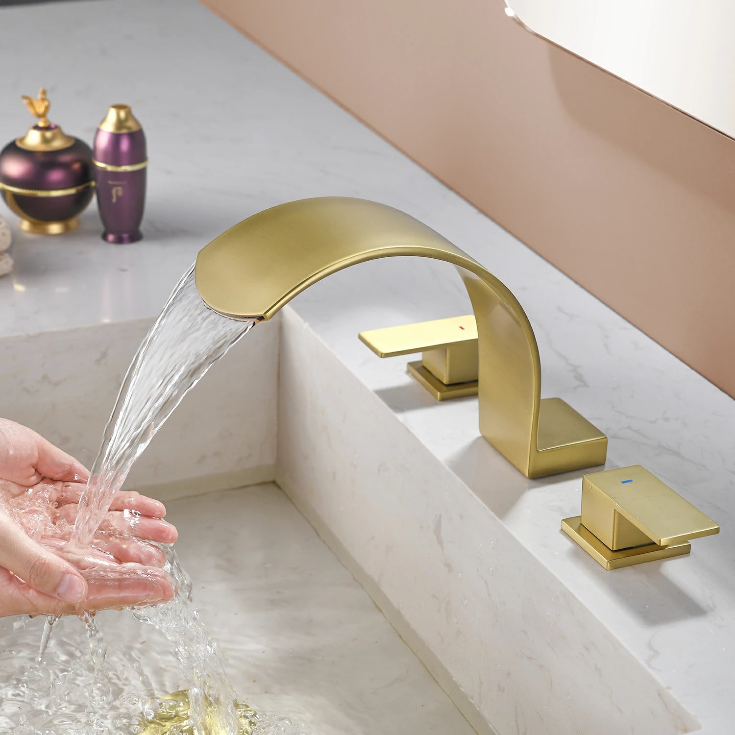 Brushed Gold Widespread Bathroom Faucet with Waterfall Spout, Two Handles and cUPC Quick Connector Hose