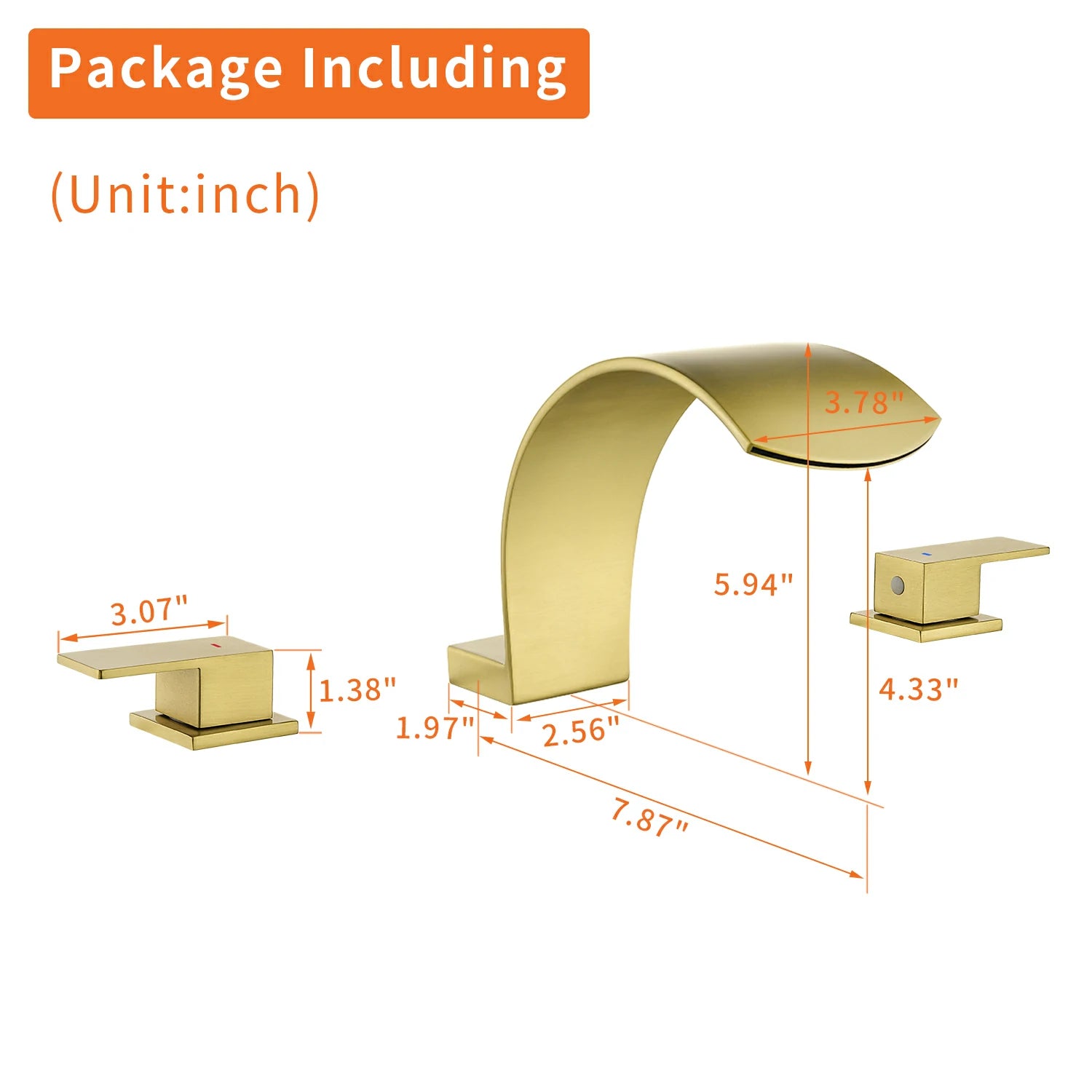 Brushed Gold Widespread Bathroom Faucet with Waterfall Spout, Two Handles and cUPC Quick Connector Hose