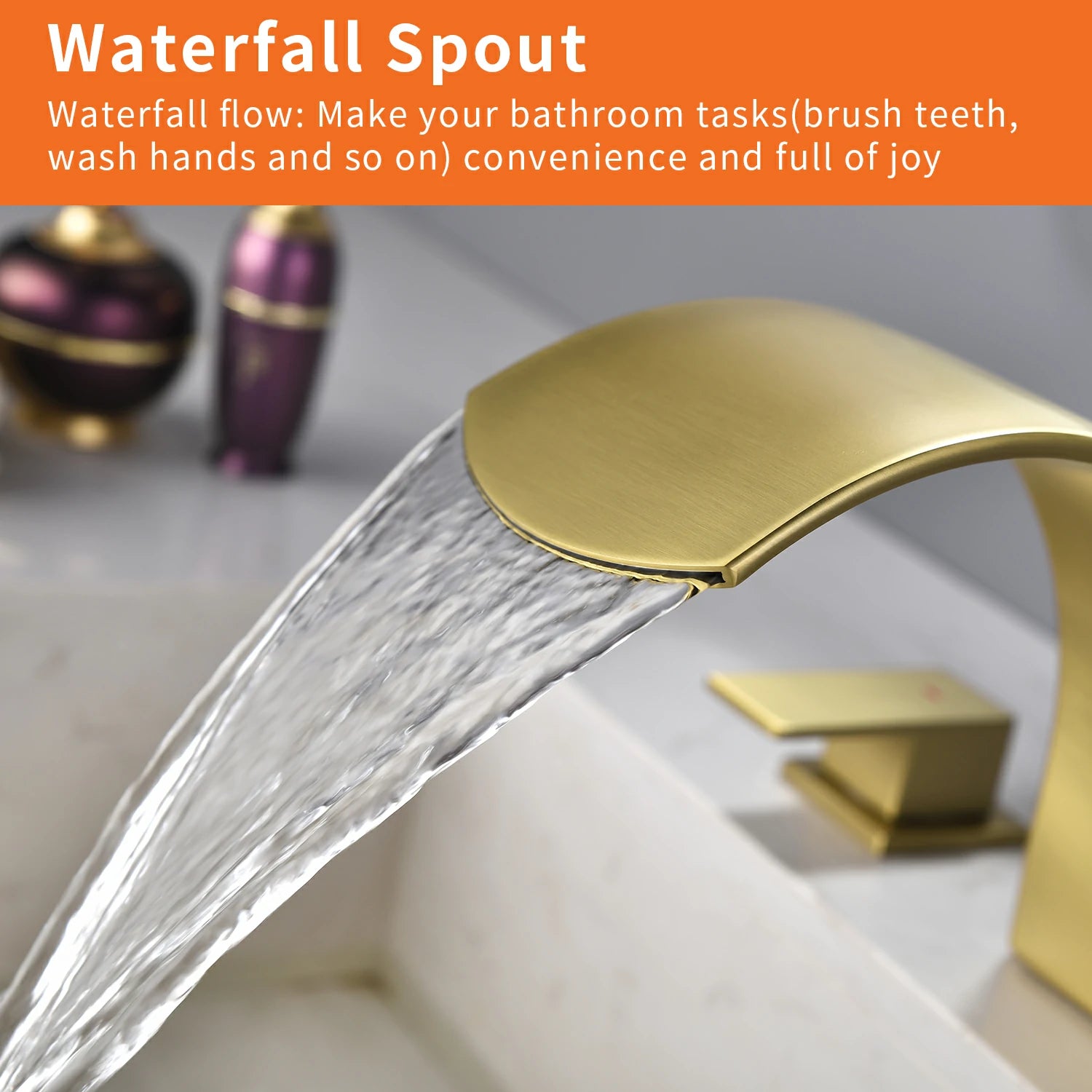 Brushed Gold Widespread Bathroom Faucet with Waterfall Spout, Two Handles and cUPC Quick Connector Hose