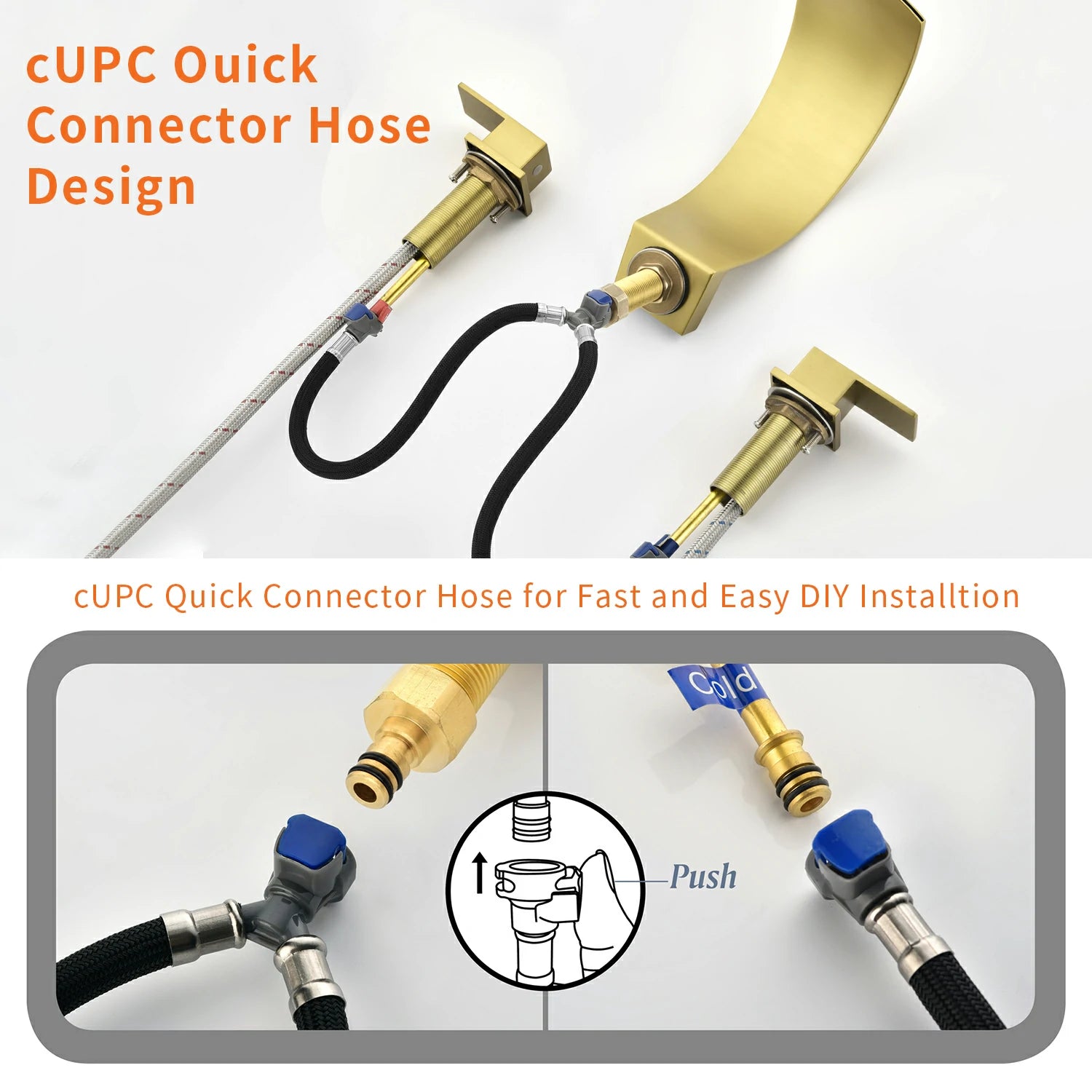 Brushed Gold Widespread Bathroom Faucet with Waterfall Spout, Two Handles and cUPC Quick Connector Hose