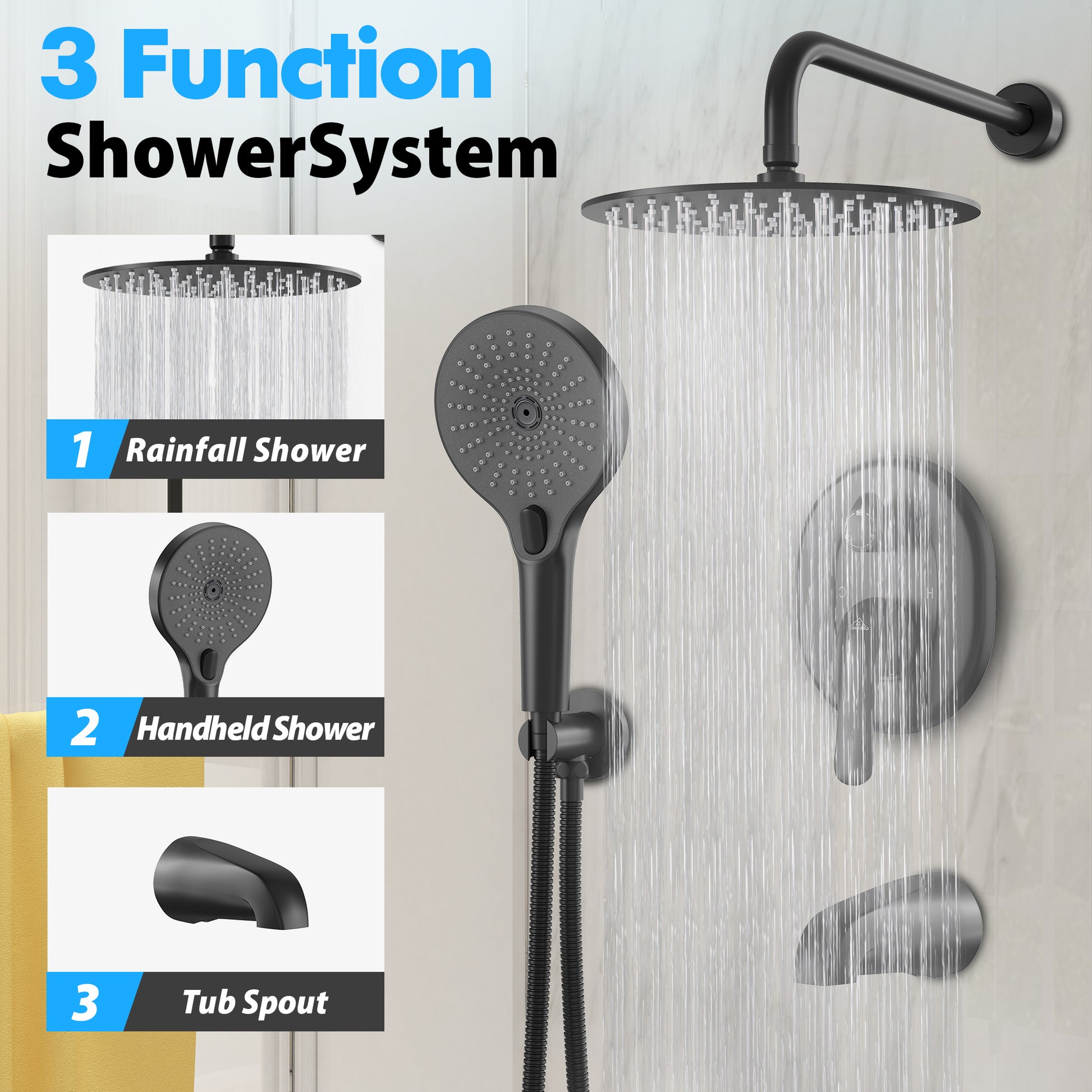 10" Wall-Mounted Rainfall Shower System with Handheld & Tub Spout