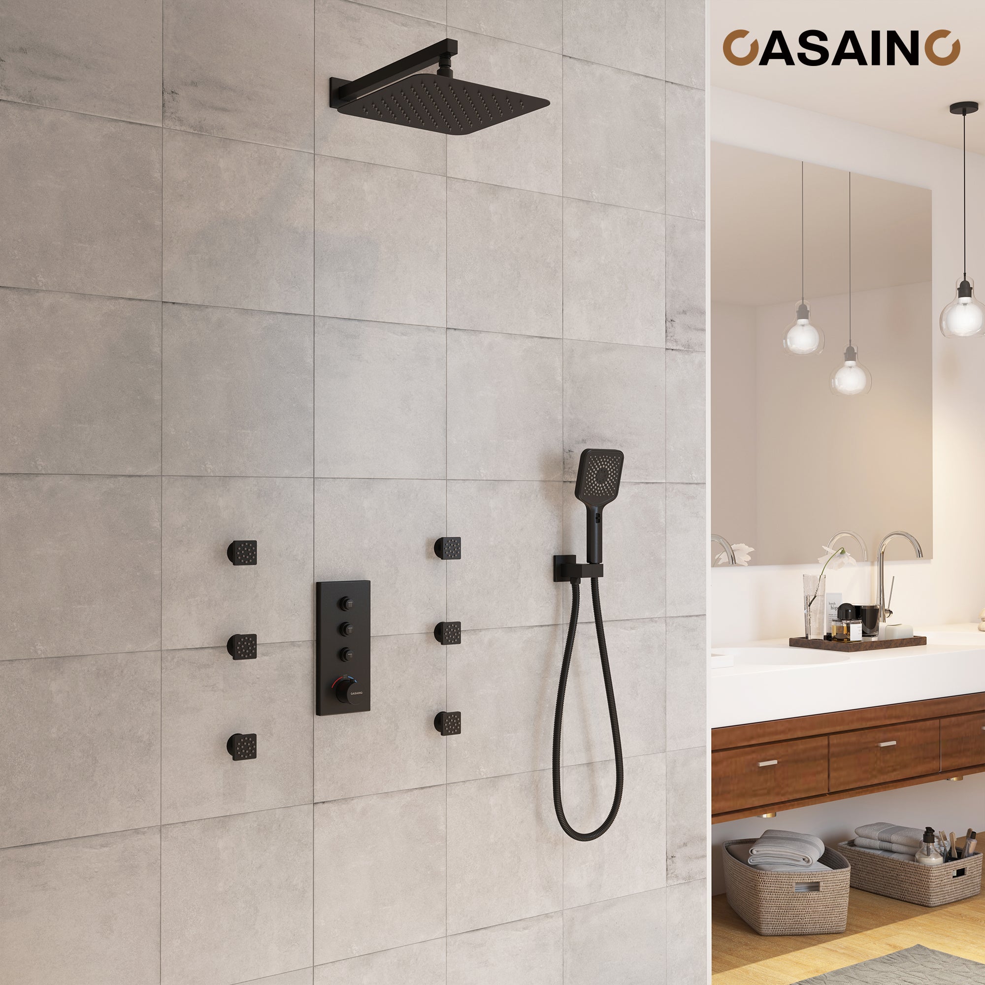 12'' Shower System With 3-Function Shower Head & 6 Body Jets