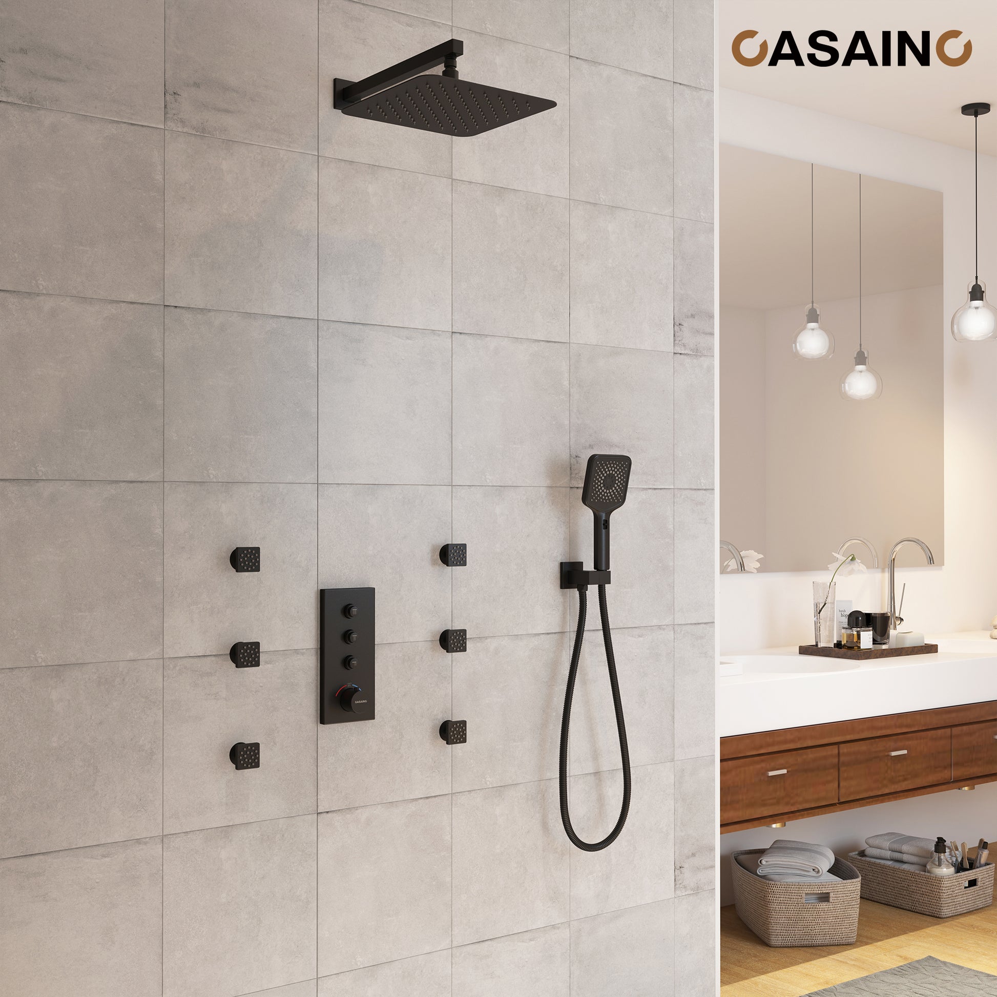 12'' Shower System With 3-Function Shower Head & 6 Body Jets