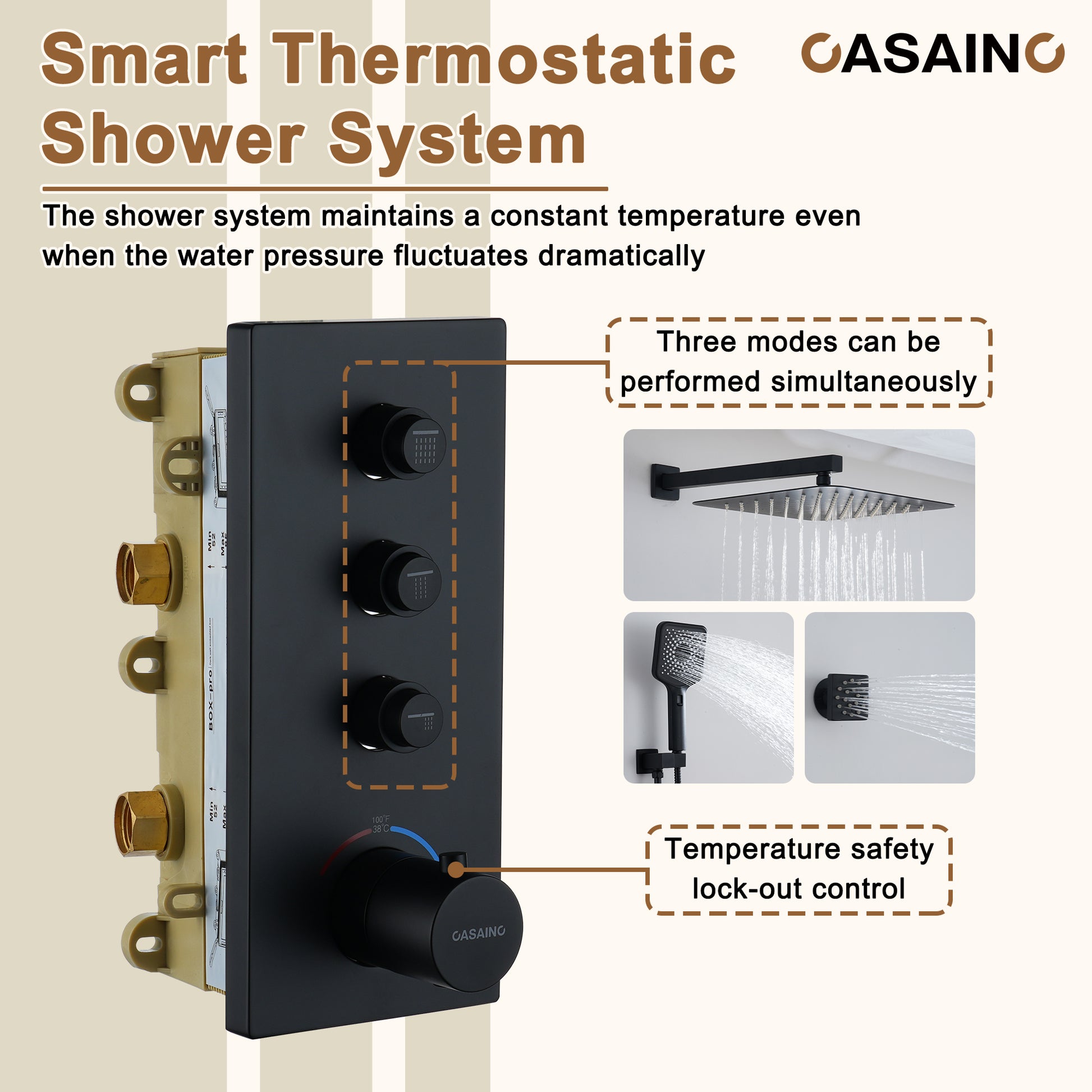 12'' Shower System With 3-Function Shower Head & 6 Body Jets