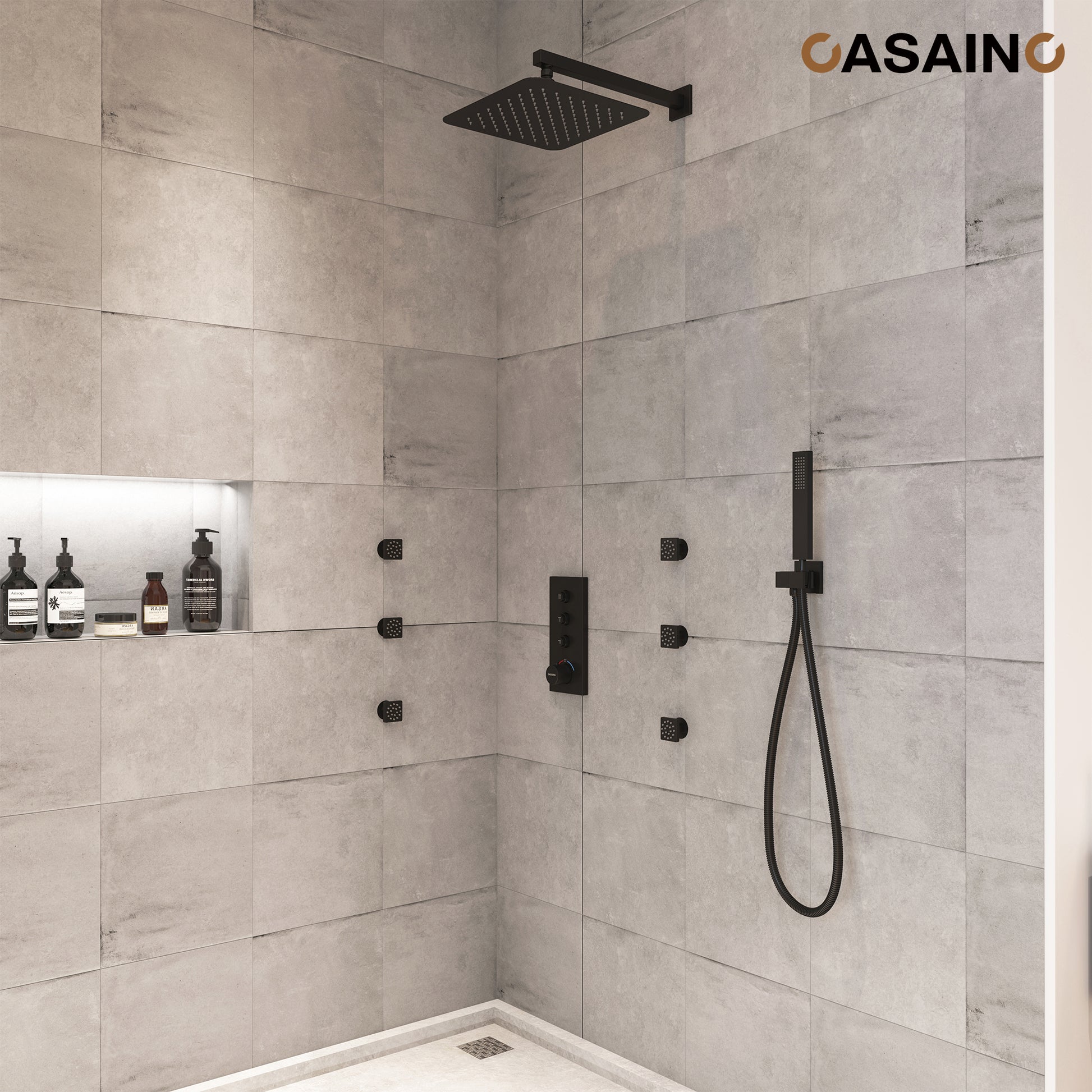 12'' Thermostatic Luxury Rainfall Shower System With 6 Body Jets