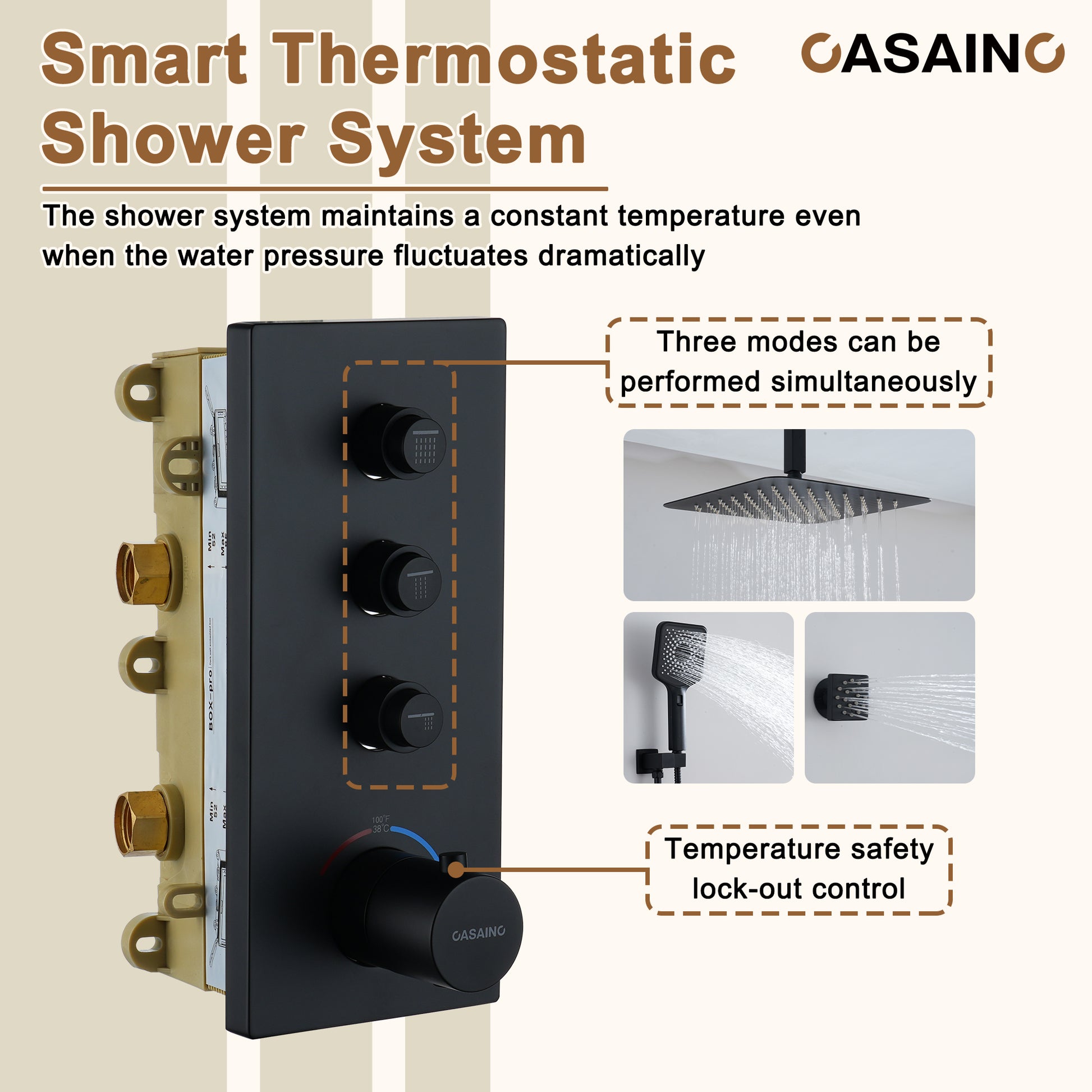 12'' Shower System With 3-Function Shower Head & 6 Body Jets