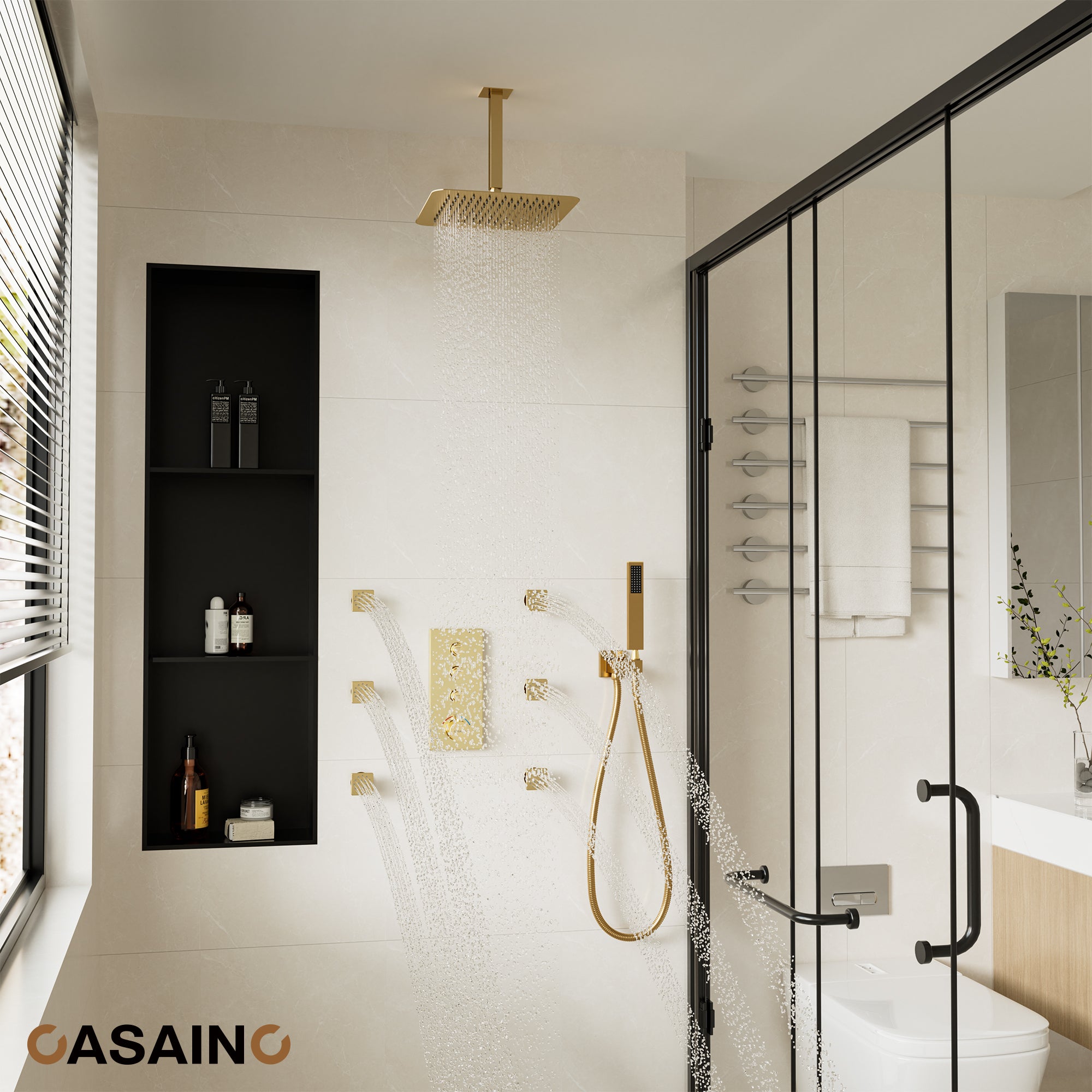 12'' Thermostatic Luxury Rainfall Shower System With 6 Body Jets 12'' Thermostatic Luxury Rainfall Shower System With 6 Body Jets