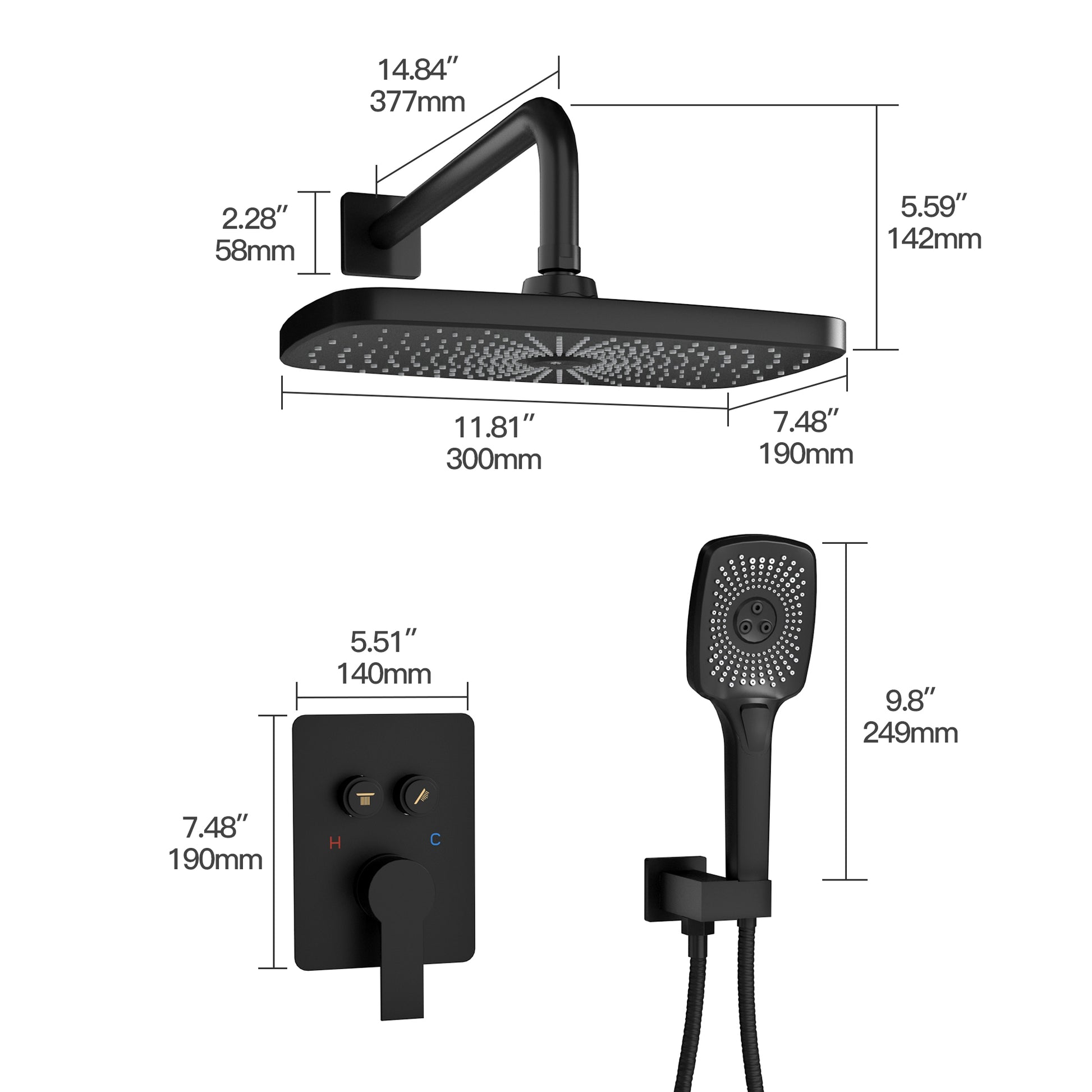 12" x 8" Wall-Mounted Dual-Function Shower System with Hand Shower