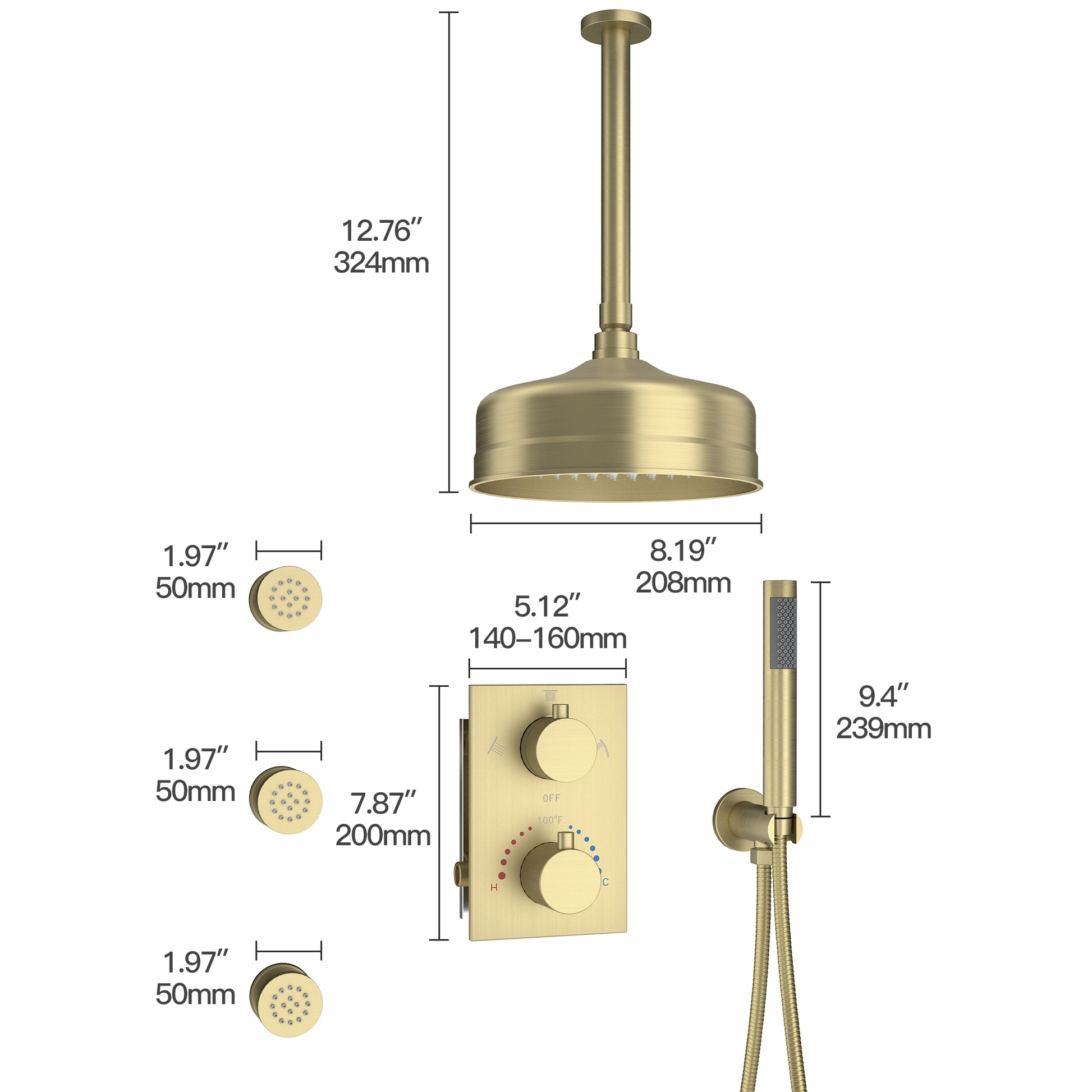 8" Ceiling-Mounted Thermostatic Shower System with Body Jets
