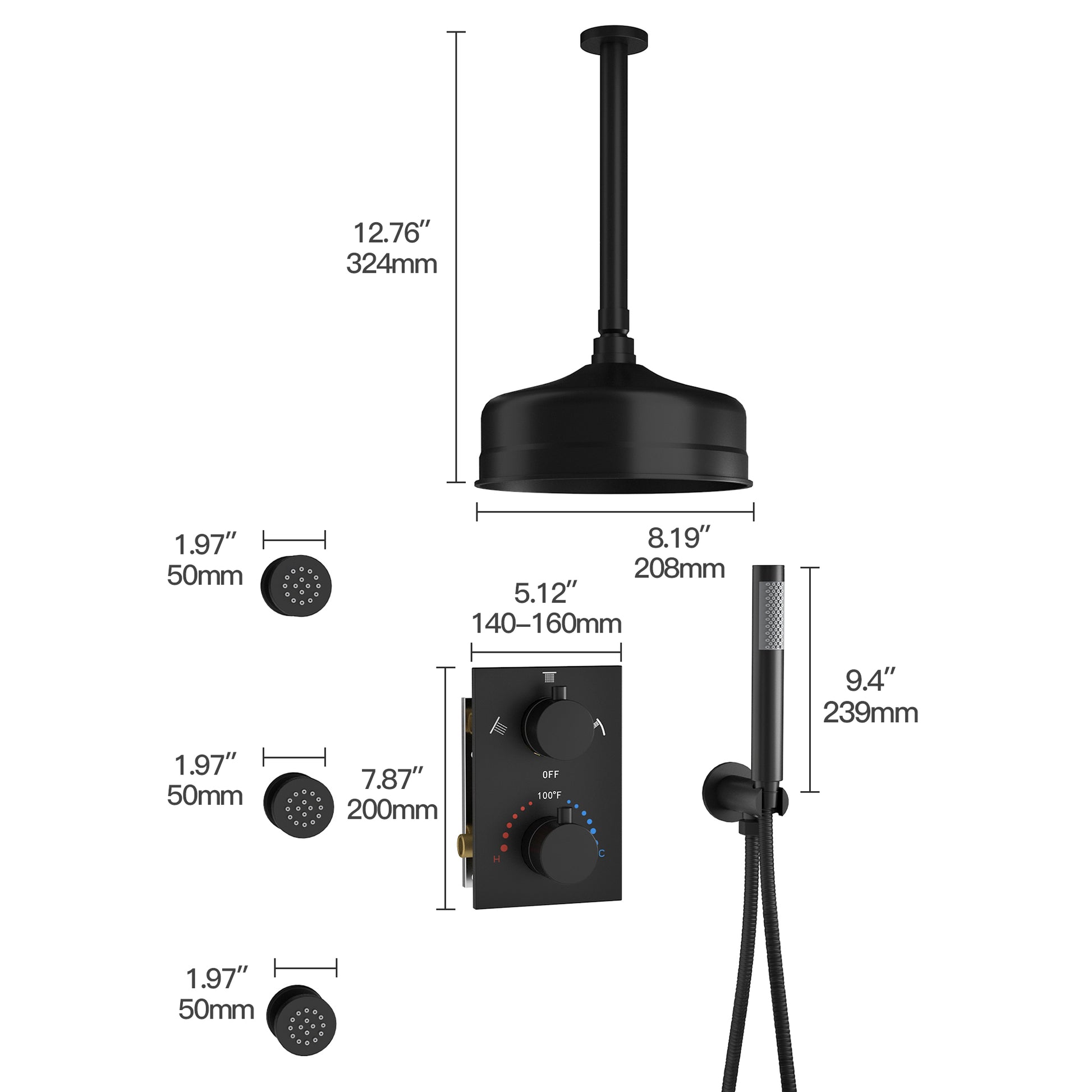8" Ceiling-Mounted Thermostatic Shower System with Body Jets