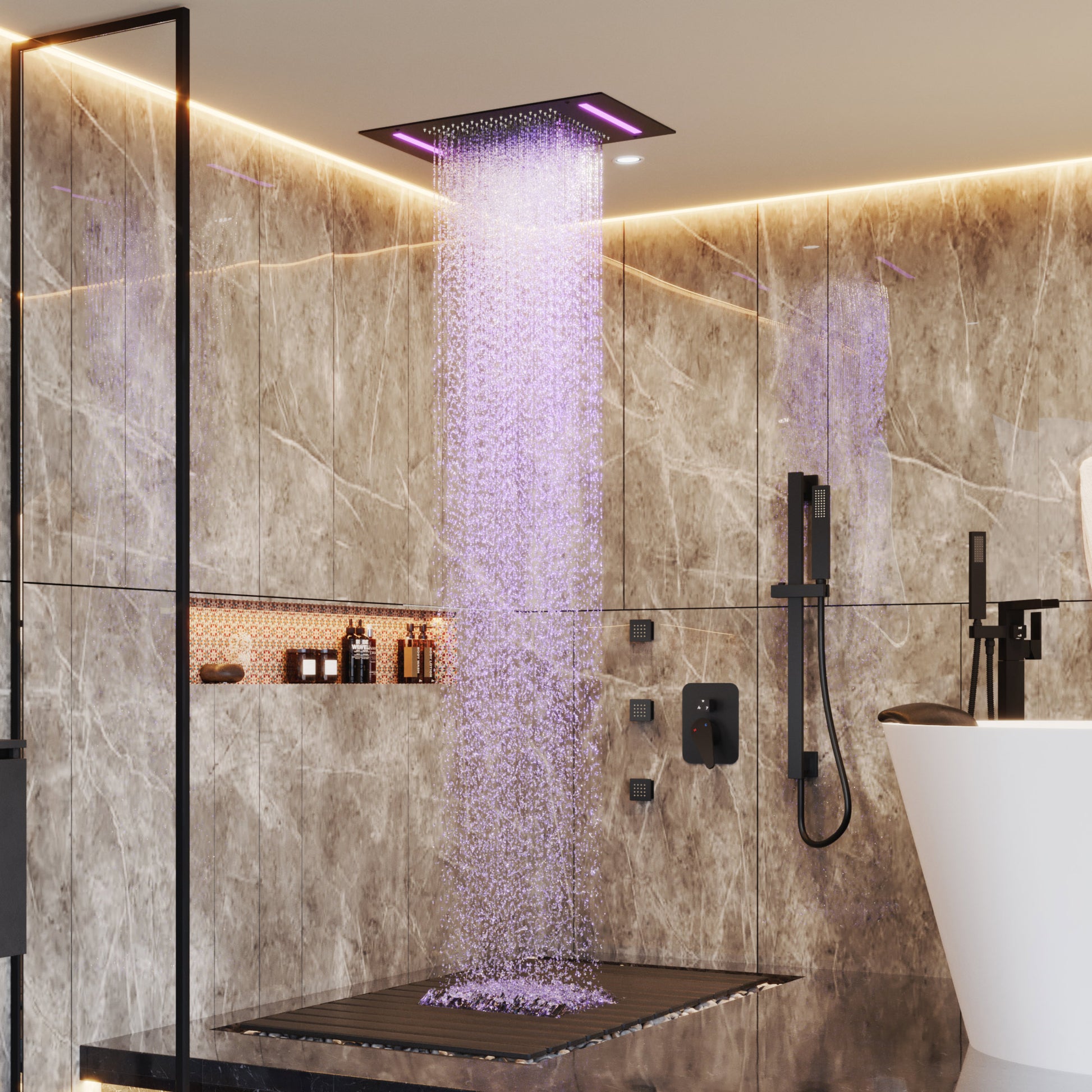 20*14 inch 3-Function Body Jet Shower System with LED Lights & Slide Bar