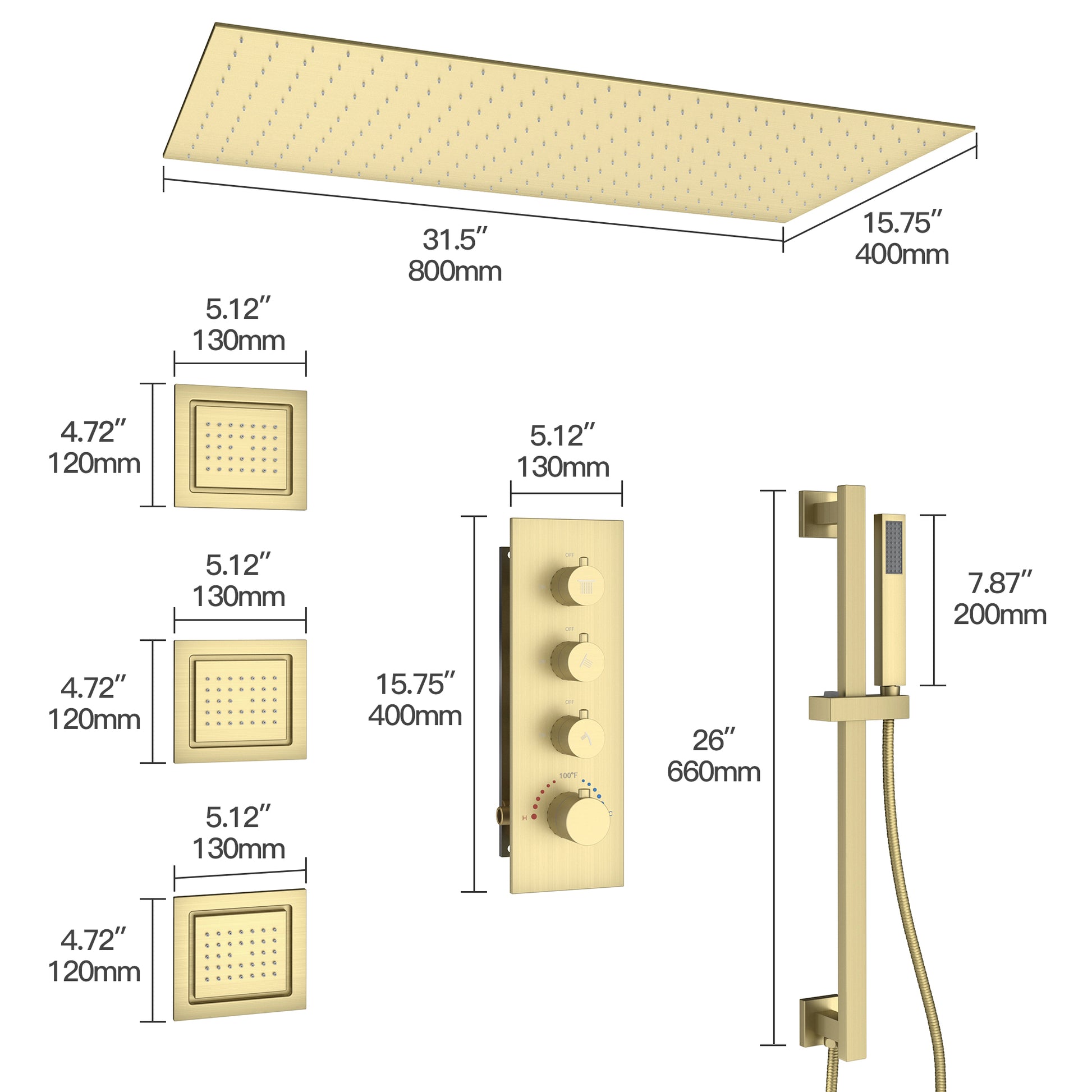 32" x 16" 3-Function Thermostatic Shower System with Body Jets