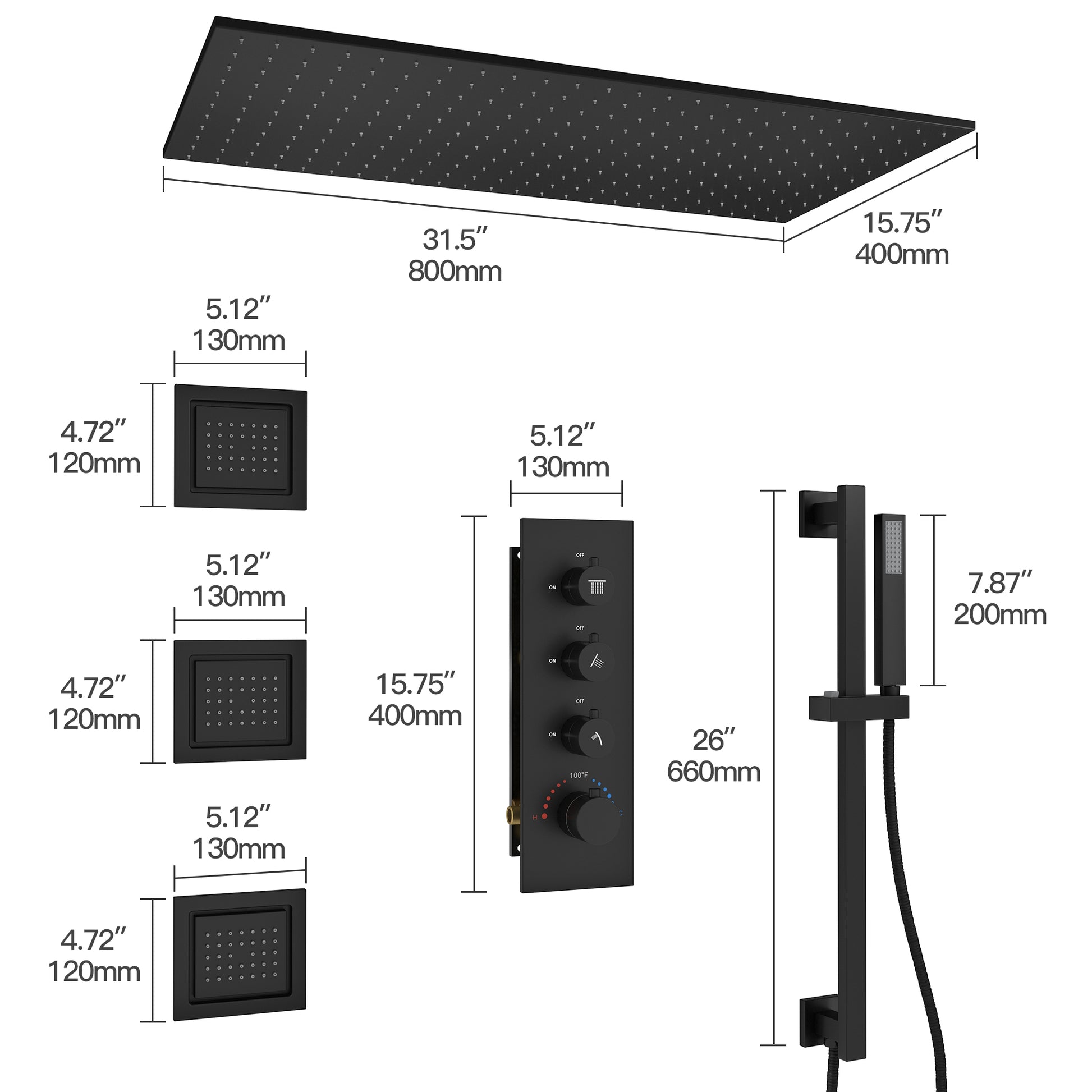 32" x 16" 3-Function Thermostatic Shower System with Body Jets