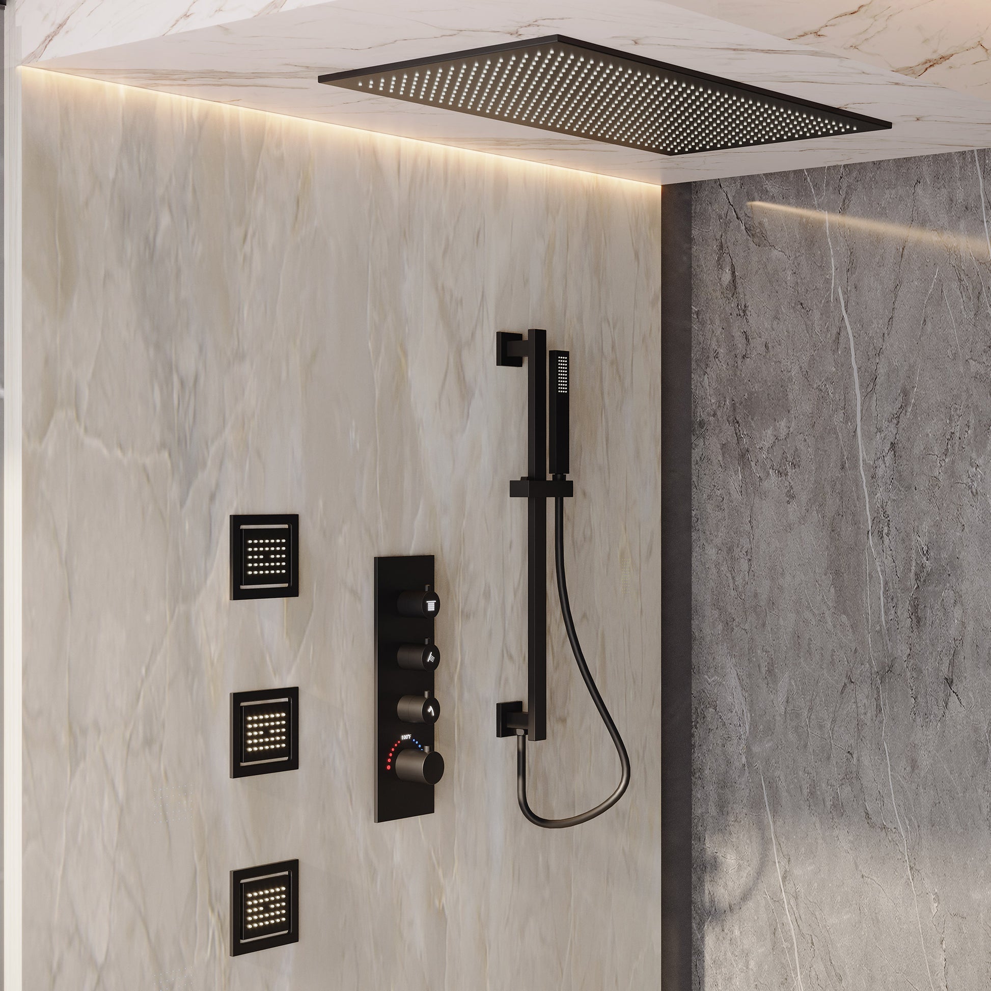 32*16 inch 3-Function Thermostatic Shower System with Body Jets